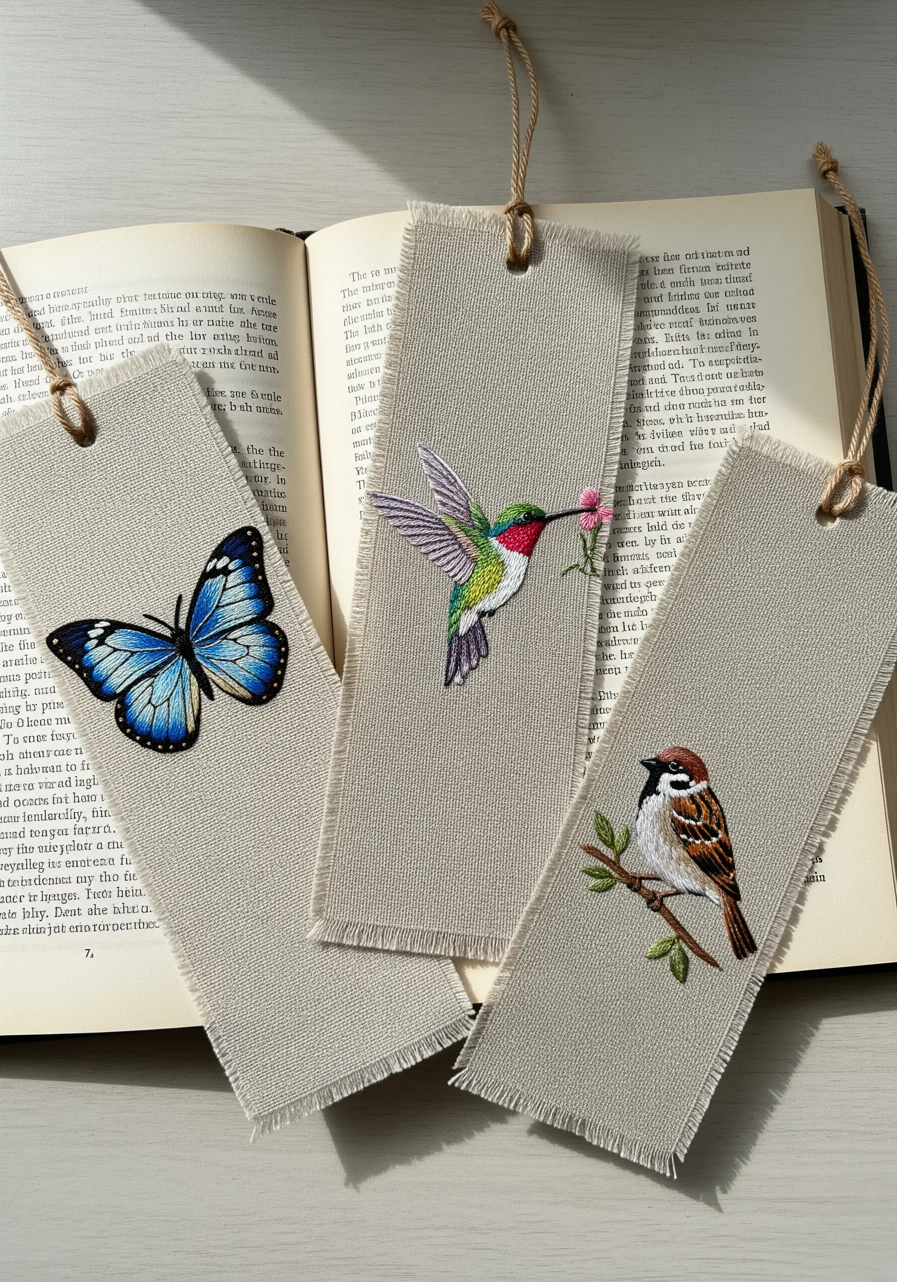 Three embroidered bookmarks with a butterfly, hummingbird, and sparrow design.