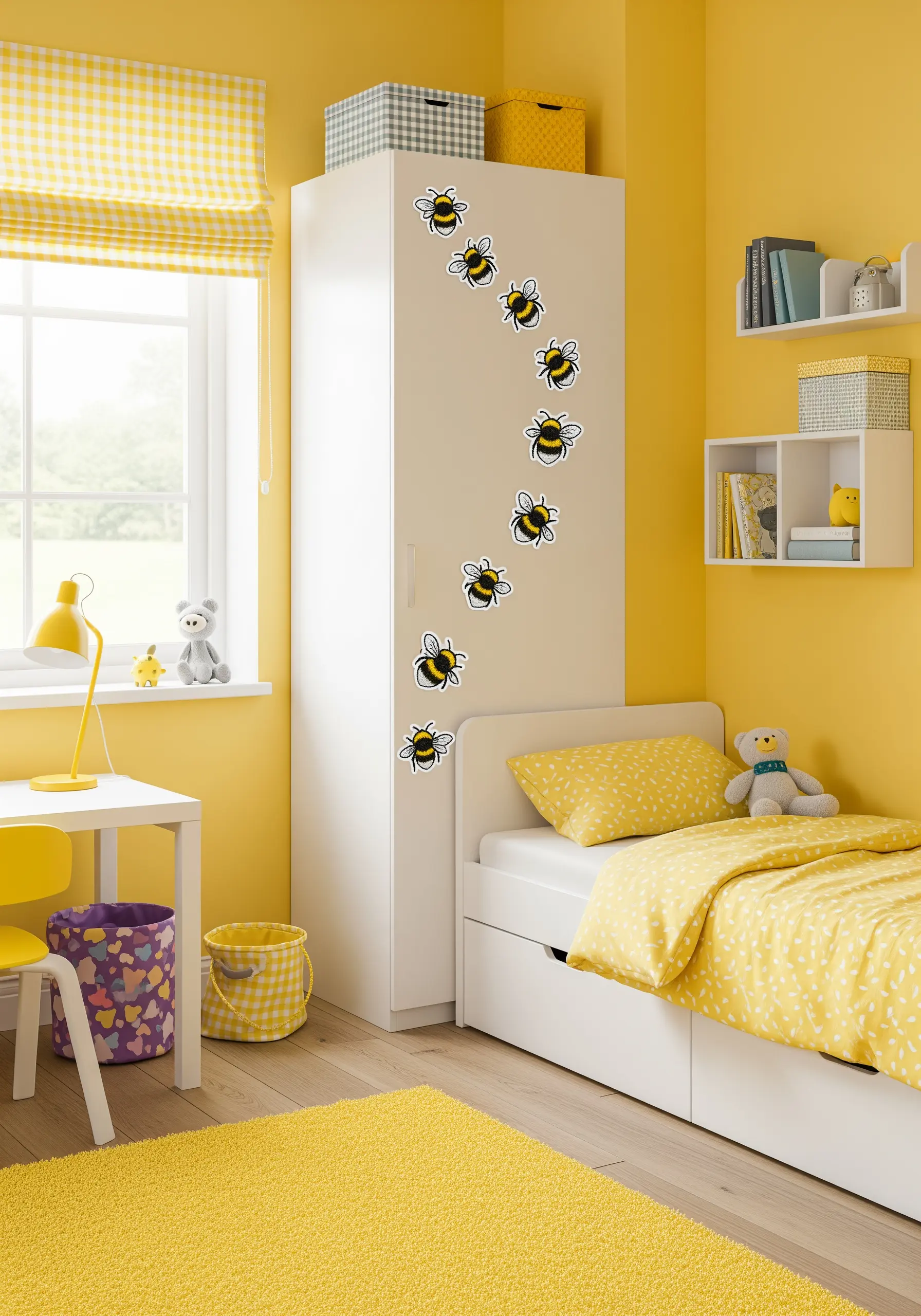 A trail of embroidered bee patches arranged as if flying up the side of a white wardrobe in a yellow room.