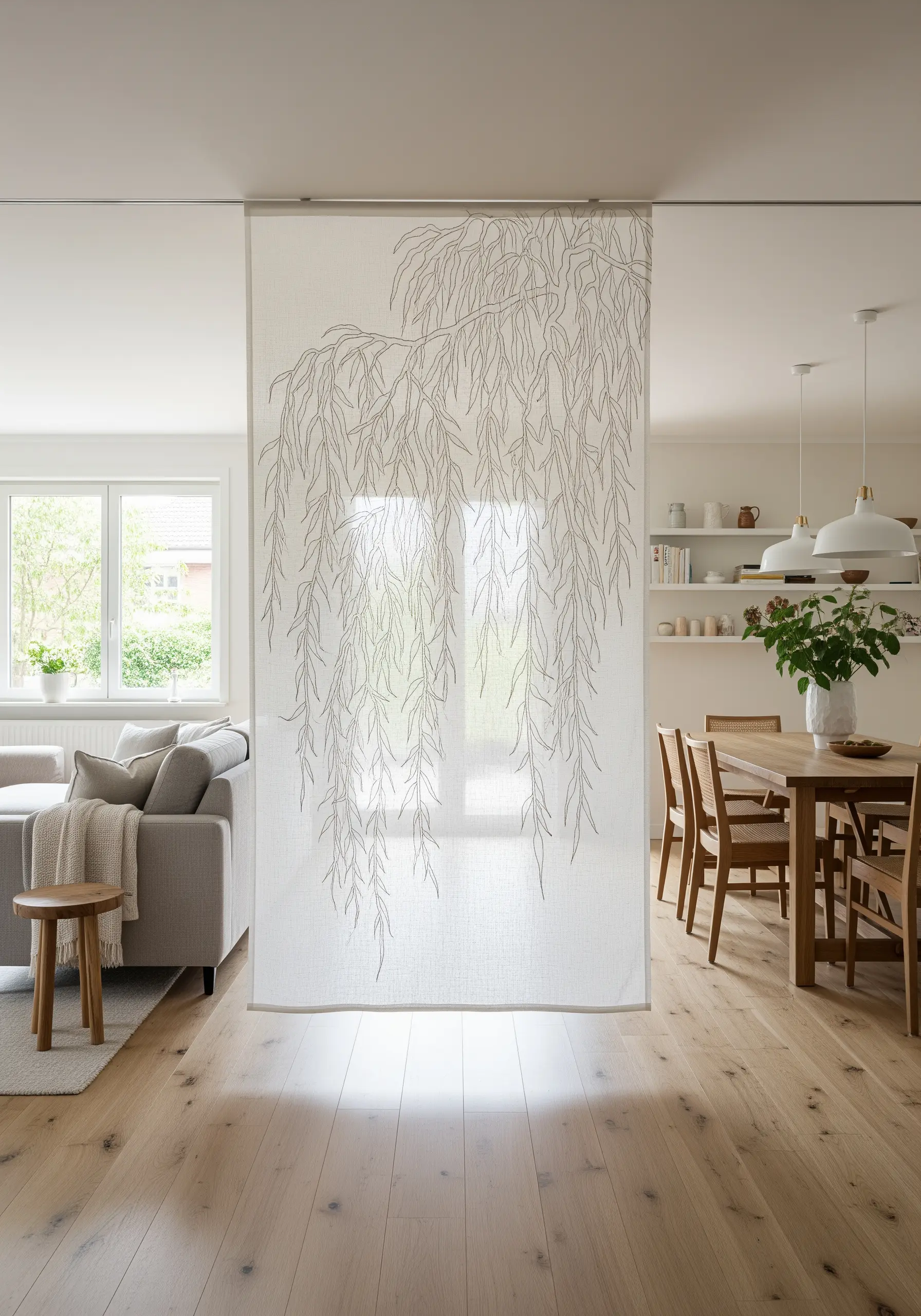 A sheer fabric panel embroidered with weeping willow leaves, used as a room divider.