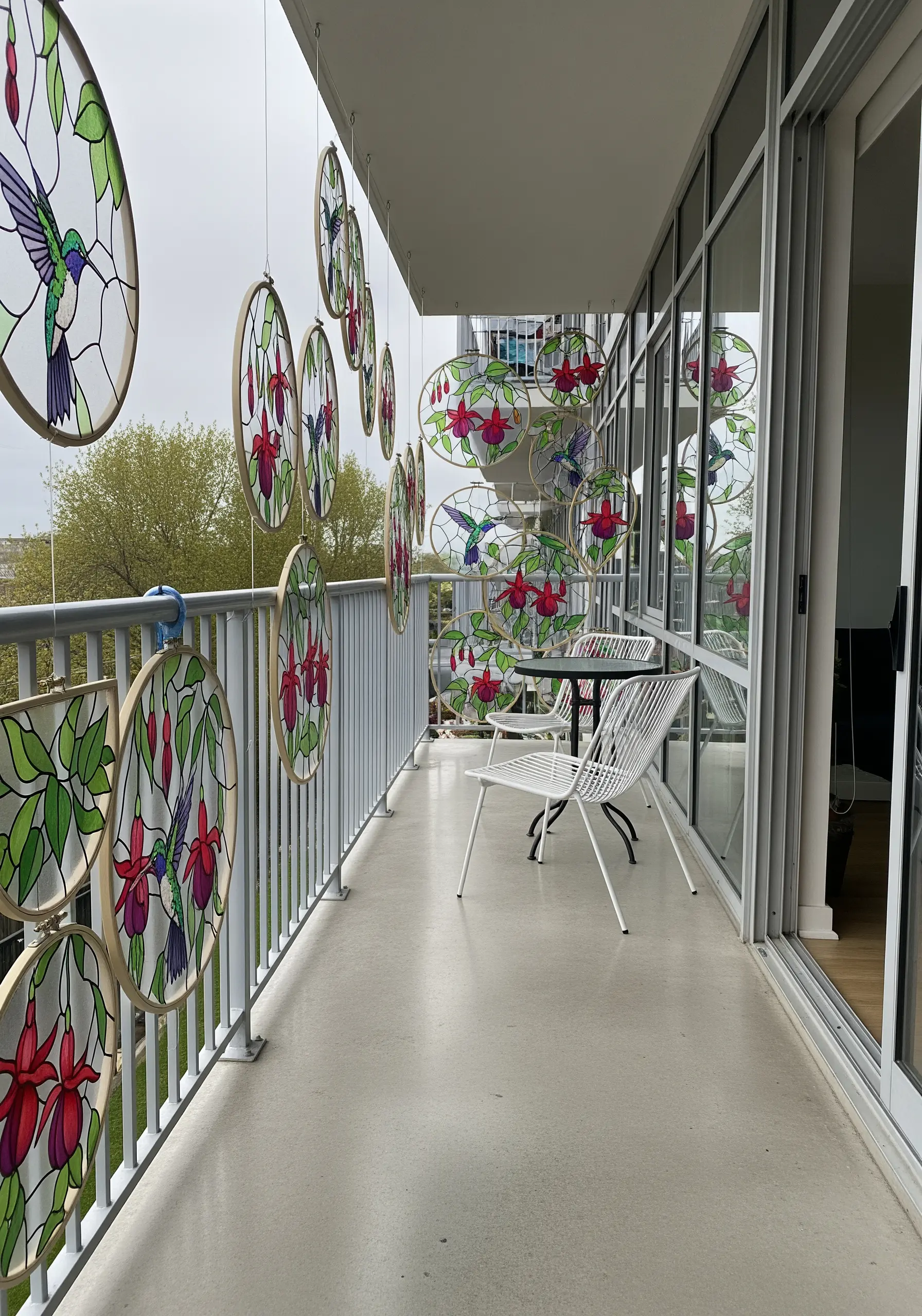 Hoops with hummingbird and flower designs painted on sheer fabric to look like stained glass.