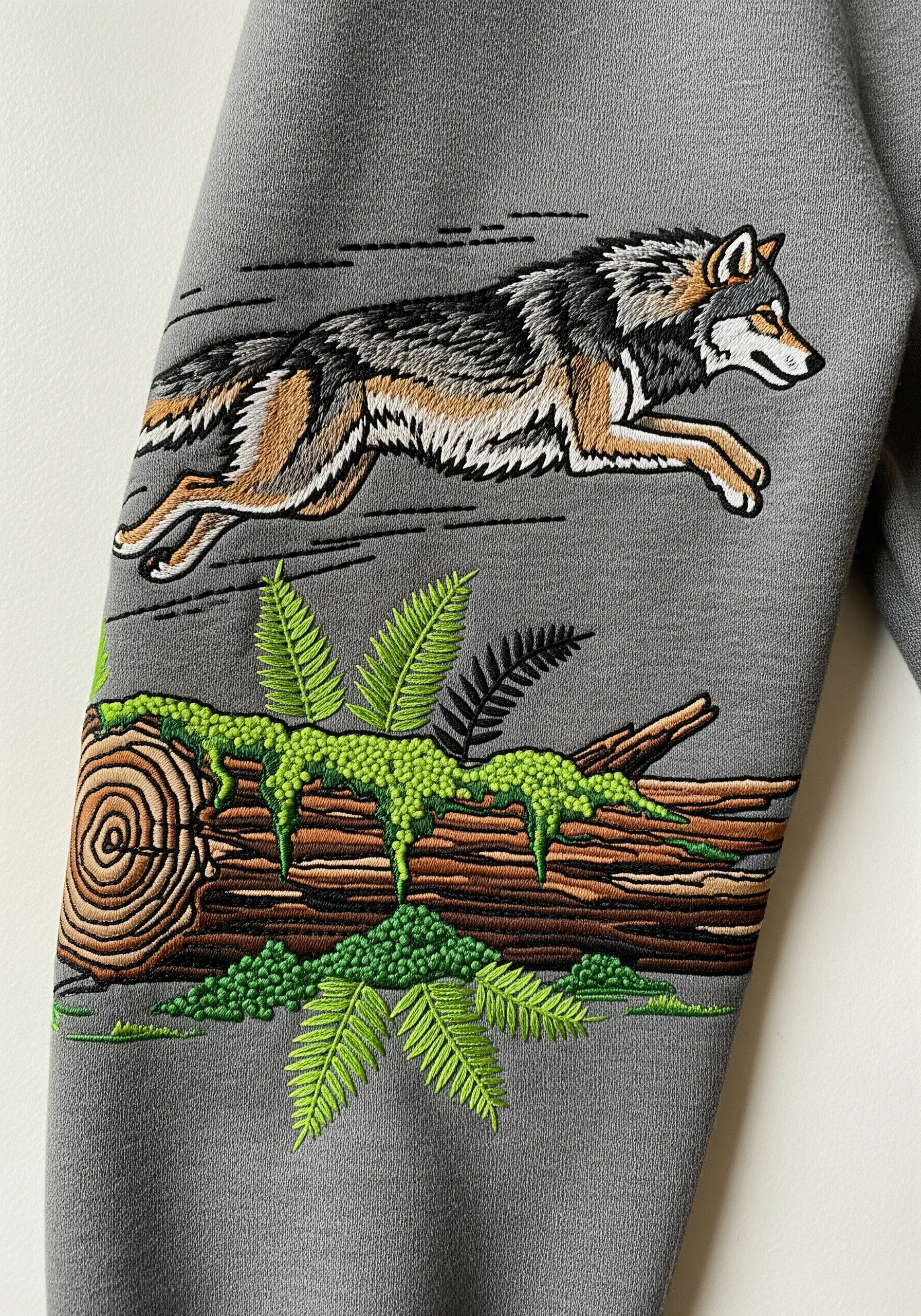 An embroidered wolf leaping over a mossy log, designed to fit a hoodie sleeve.