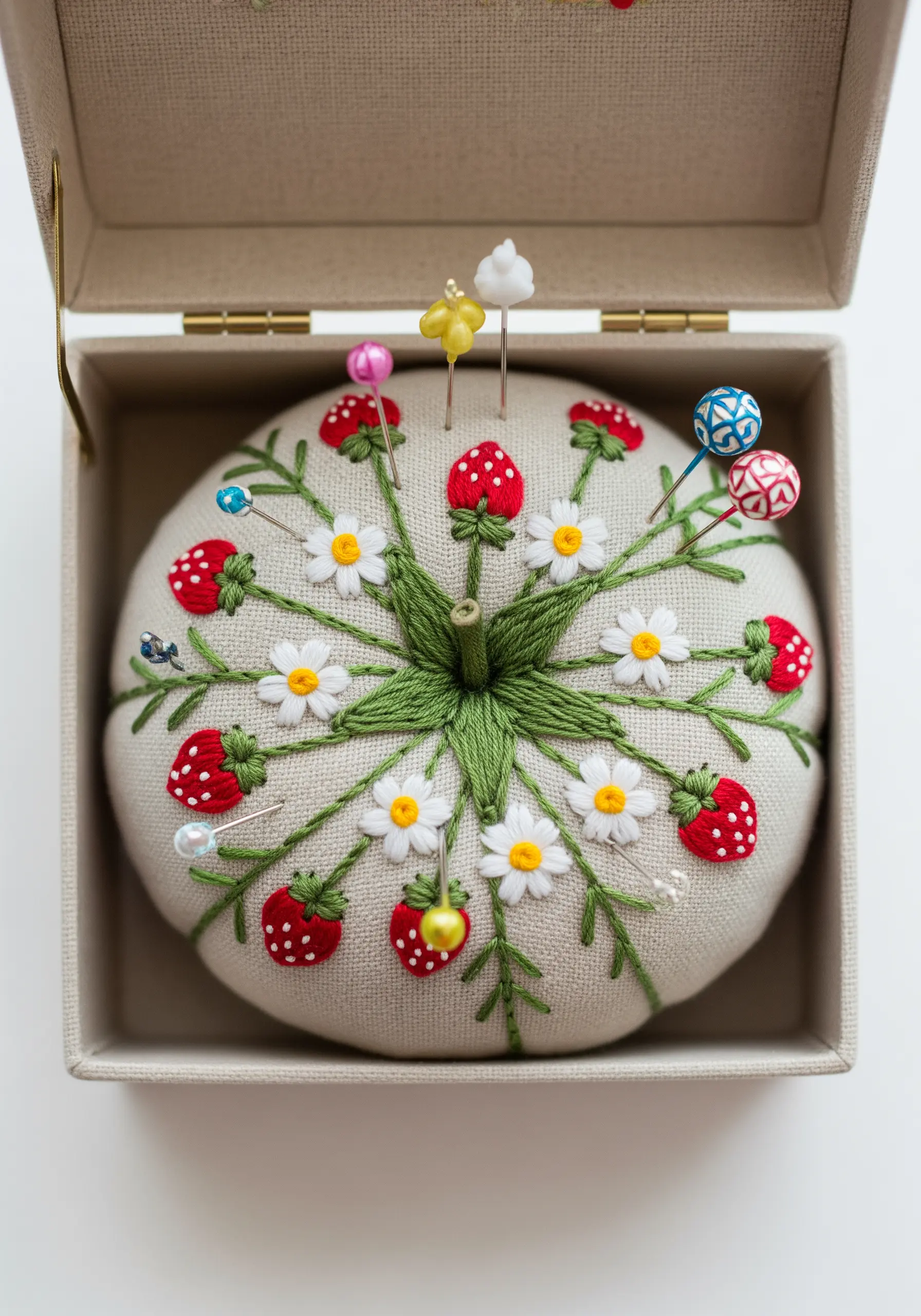 A round pincushion decorated with a radial pattern of embroidered strawberries and daisies