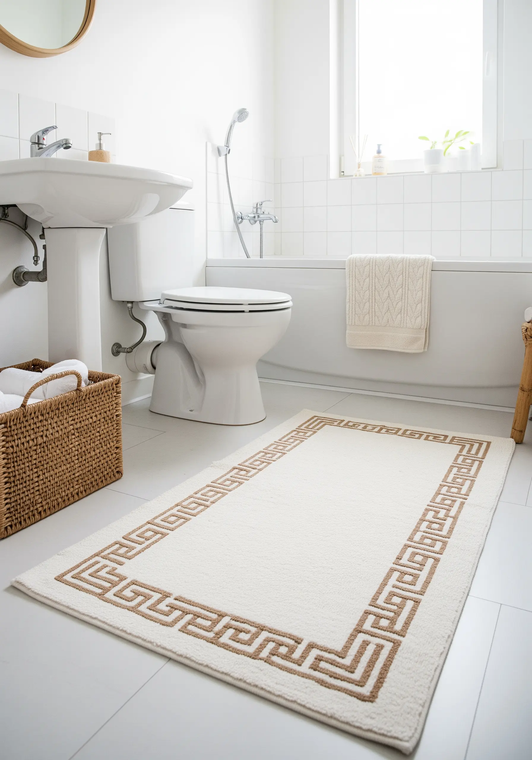 A cream bath mat with a raised, textured Greek key border in a tan color
