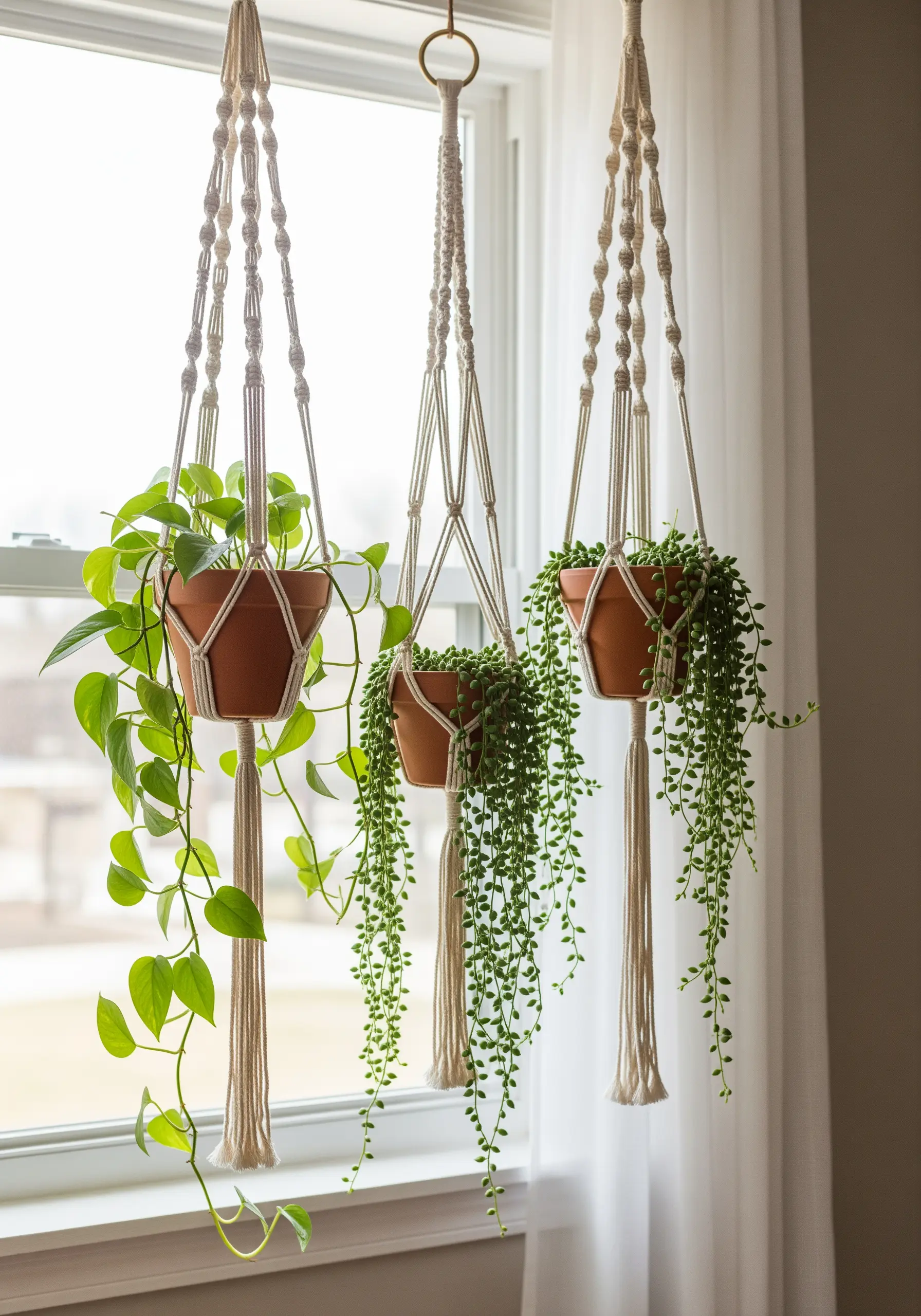 Three macrame plant hangers with different knot patterns holding potted plants by a window.