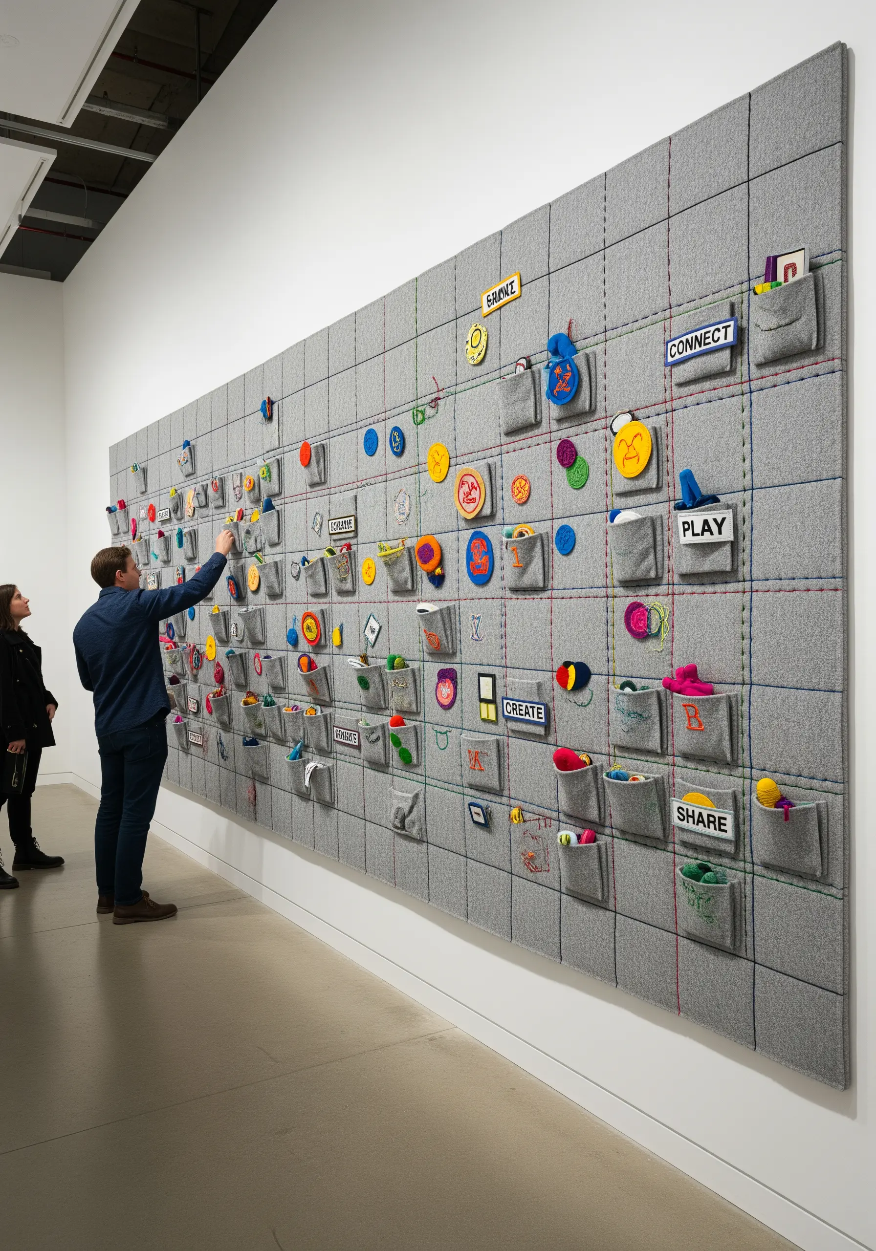 A large, interactive felt wall with embroidered grids, pockets, and colorful, removable elements.