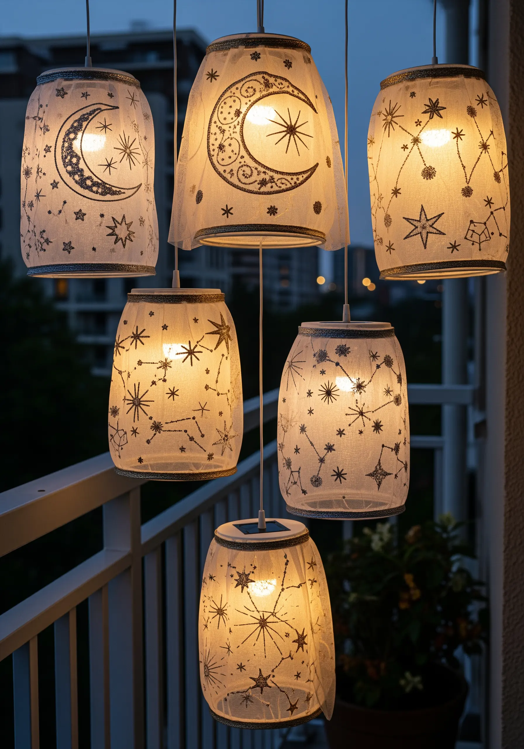 A cluster of hanging lanterns covered in sheer fabric embroidered with celestial patterns.
