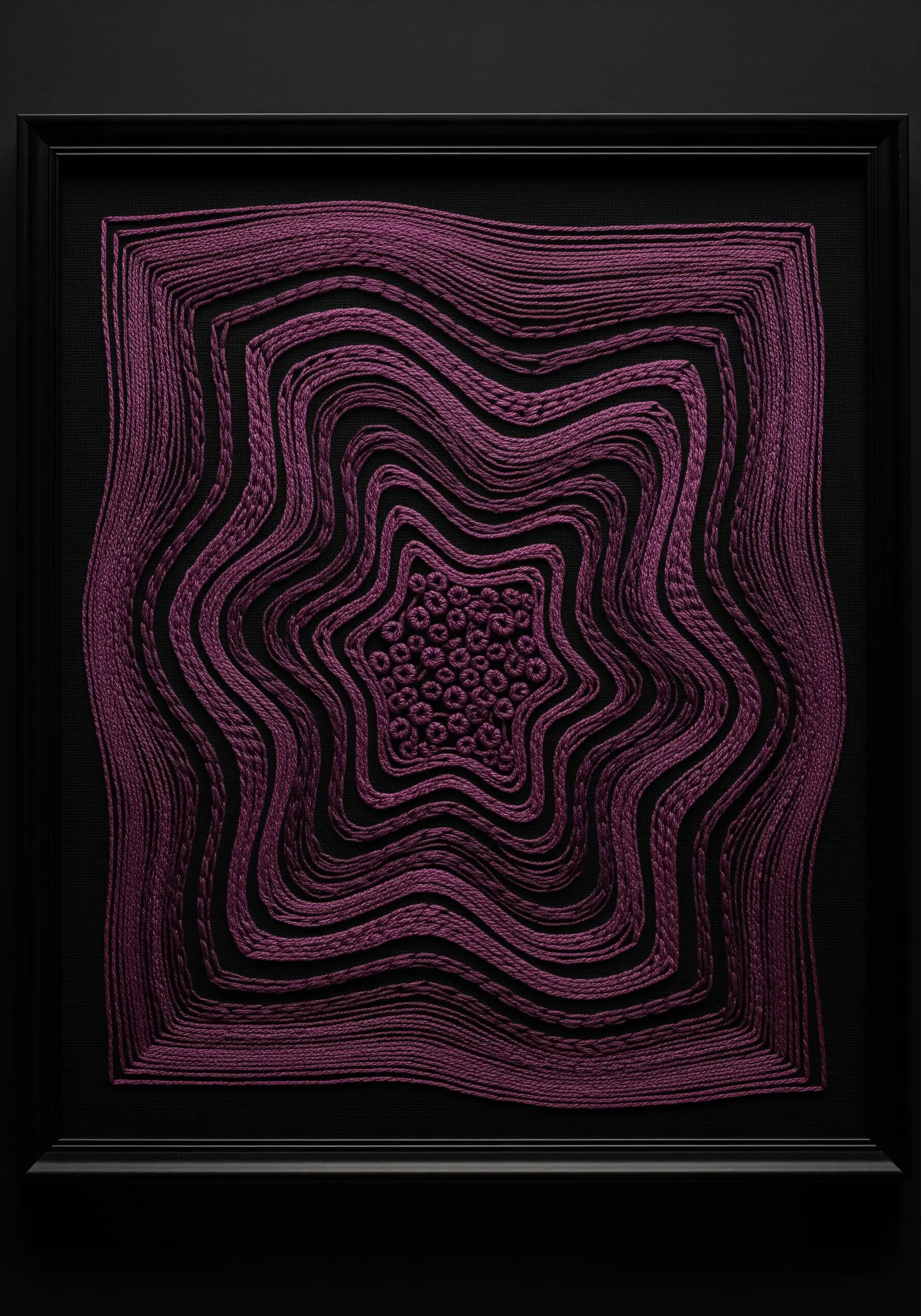 Framed embroidery with purple thread couched in concentric wavy lines, creating an optical illusion.