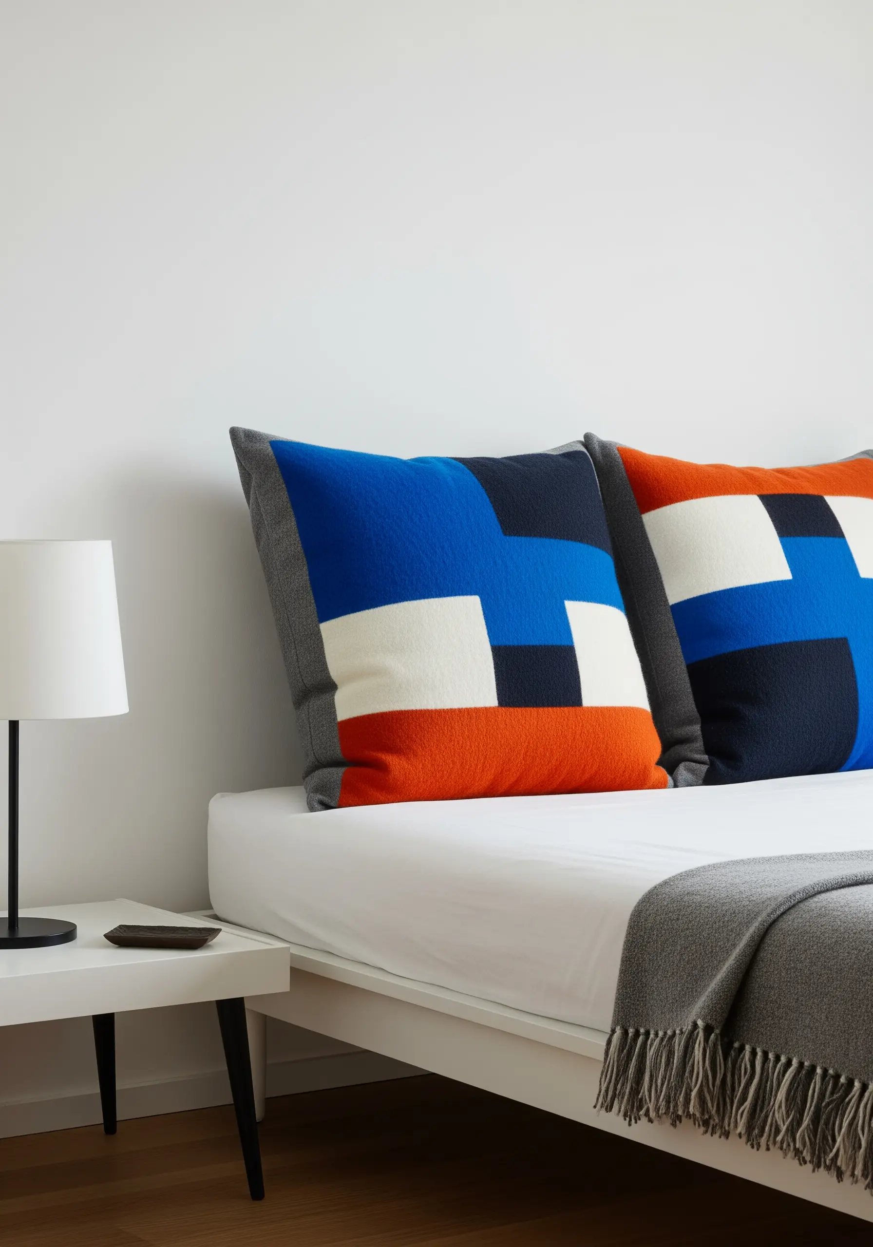 Pillows with a bold, color-blocked geometric pattern made from felt appliqué.