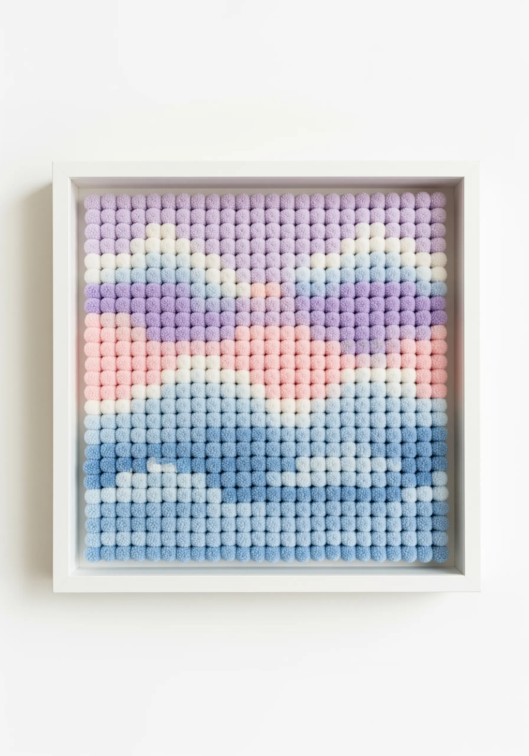 Framed wall art made of a grid of tiny pom-poms in pastel shades of purple, pink, and blue.