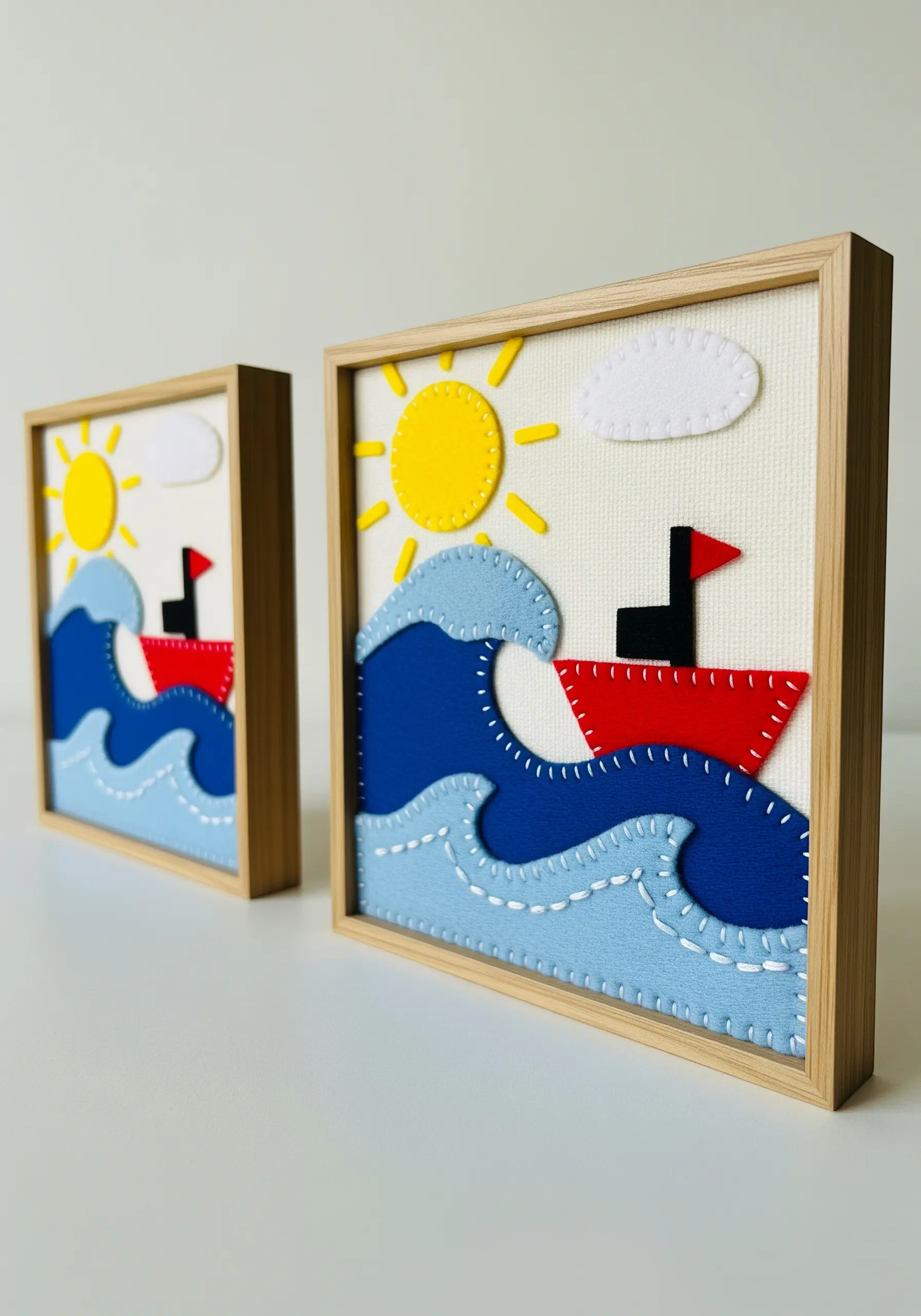 A framed, child-like scene of a boat on waves made from felt with visible blanket stitches.