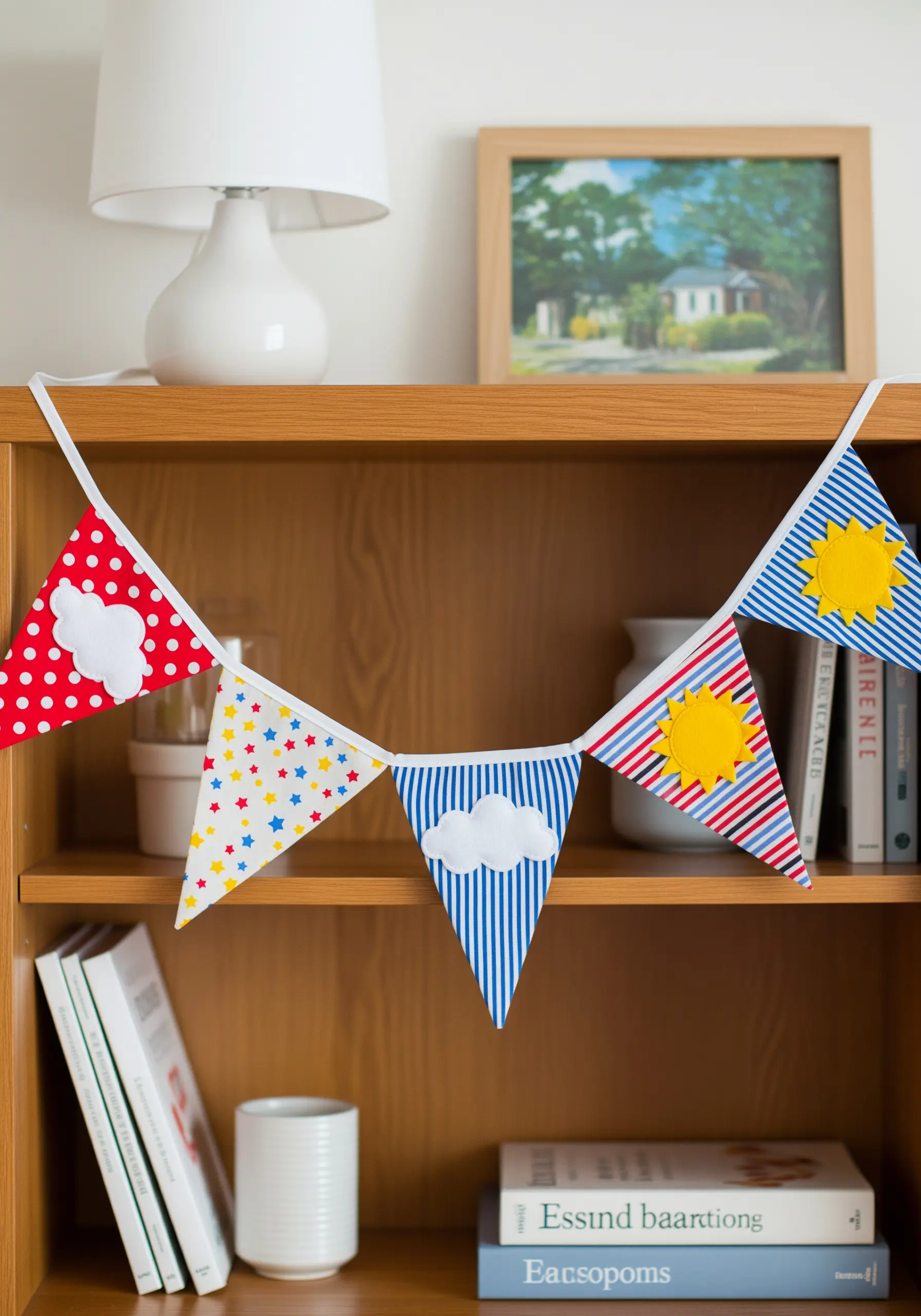 Colorful fabric bunting with striped and patterned flags featuring appliqué clouds and suns.
