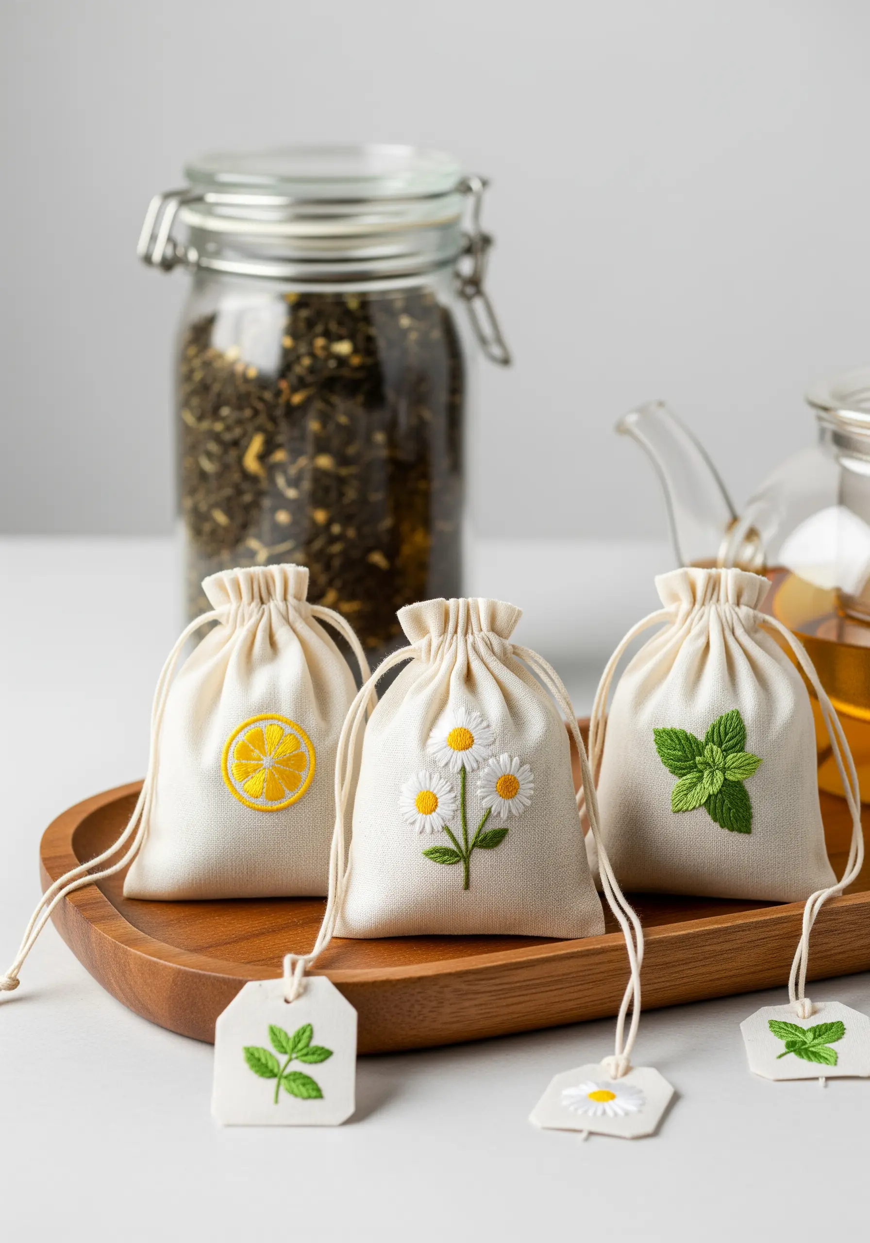 Three reusable cotton tea bags embroidered with a lemon slice, chamomile, and mint leaves