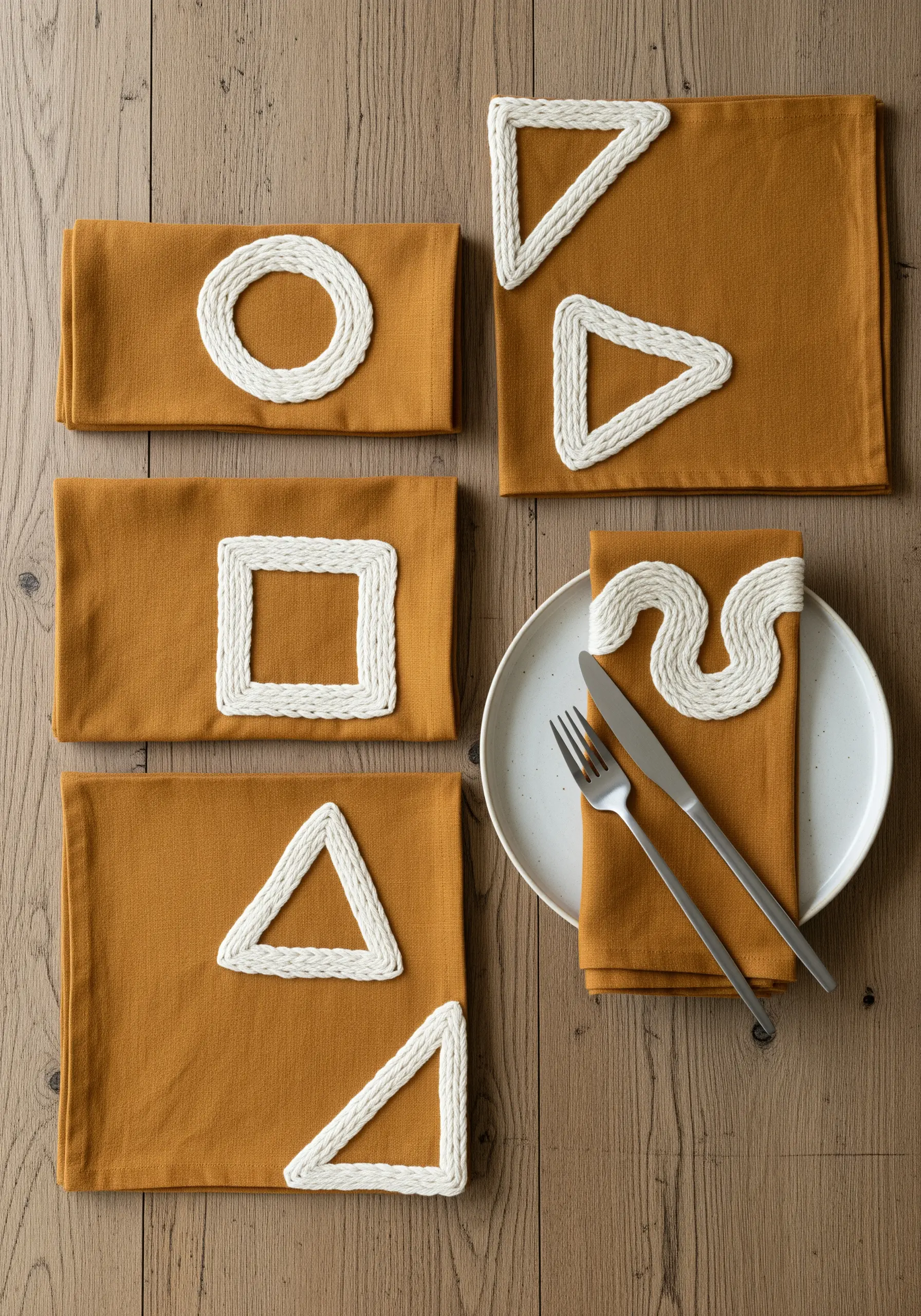 Mustard-colored napkins with abstract geometric shapes made from couched white cord.