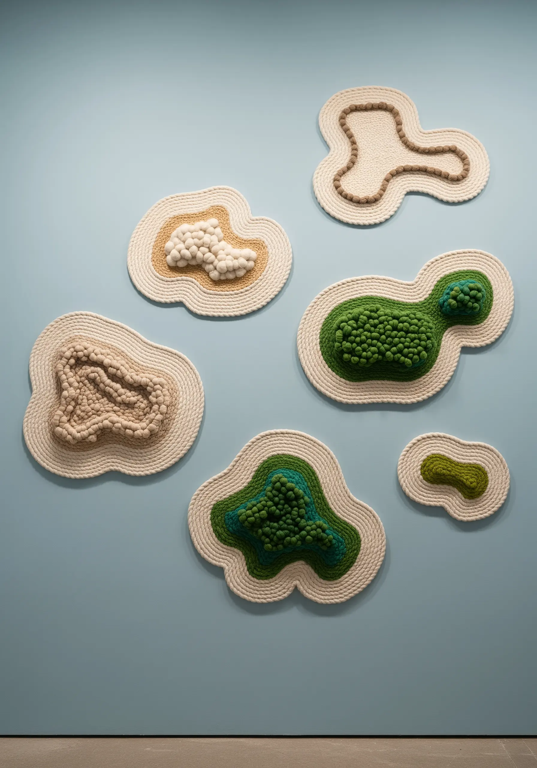 A collection of six organic-shaped wall hangings with coiled rope borders and textured interiors.