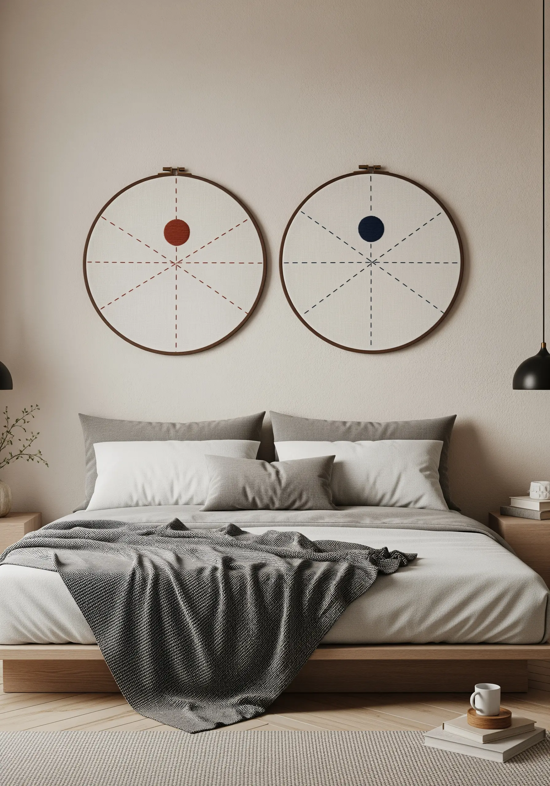 Two abstract geometric embroidery hoops with dashed lines and a central colored circle.