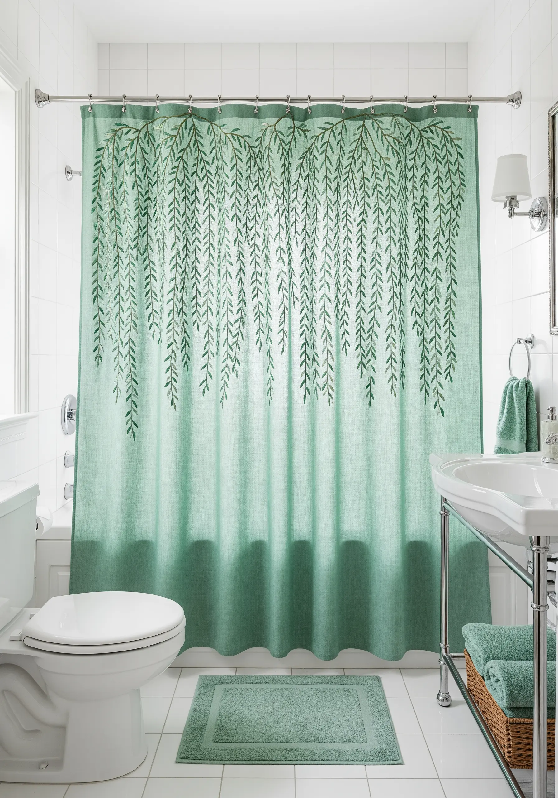 Mint green shower curtain with an embroidered border of cascading weeping willow leaves.