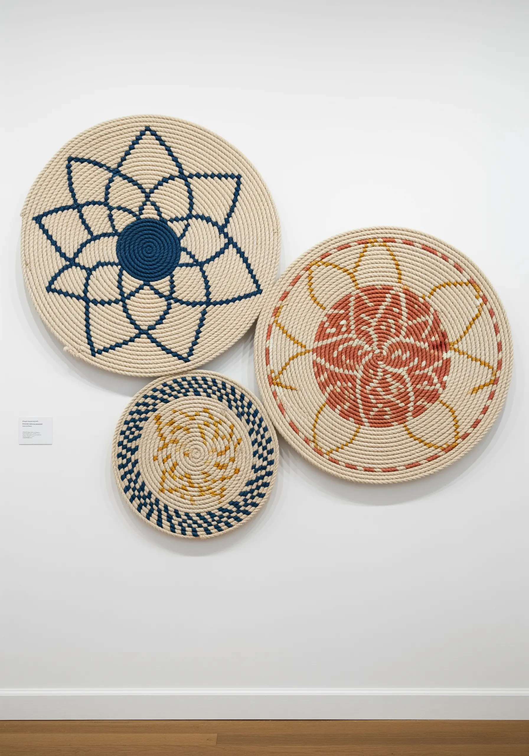 Three decorative wall plates made from coiled rope stitched with geometric patterns.