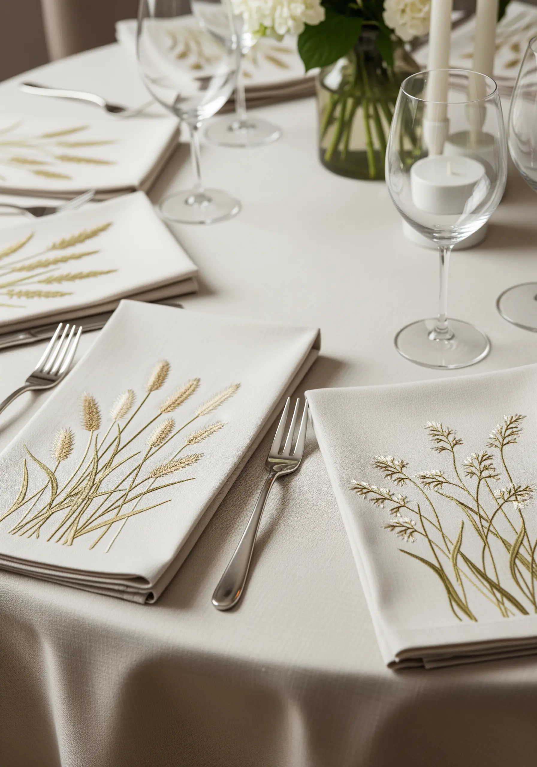 Delicate wheat and grass embroidery in gold and green threads on folded white napkins.
