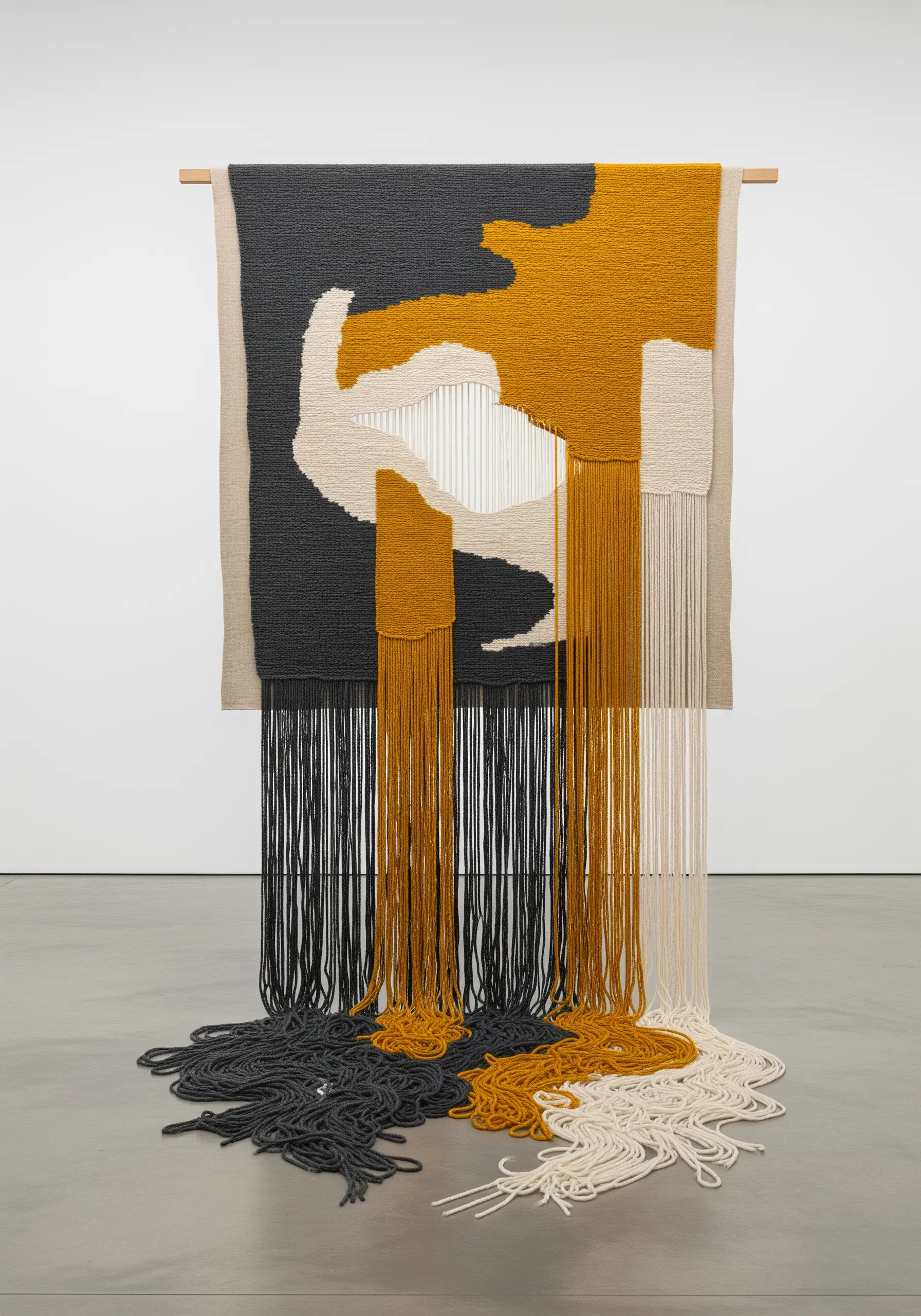 A large abstract wall hanging in black, white, and yellow, with long fringe flowing onto the floor.