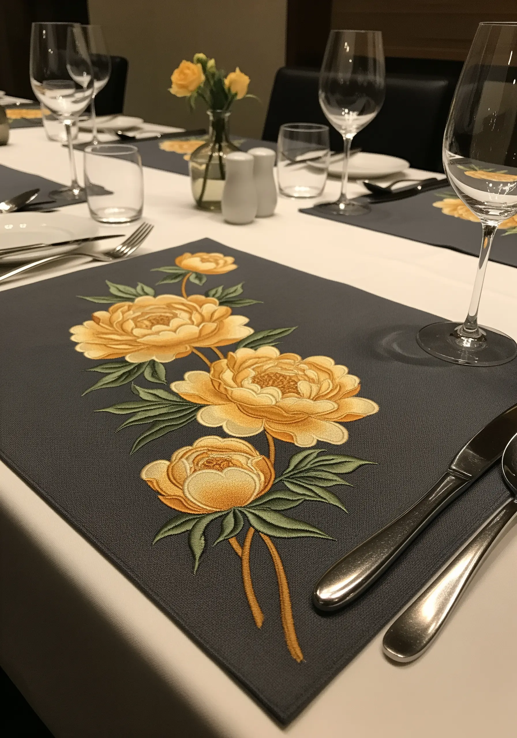 A golden yellow peony vine embroidered along the side of a charcoal gray placemat.