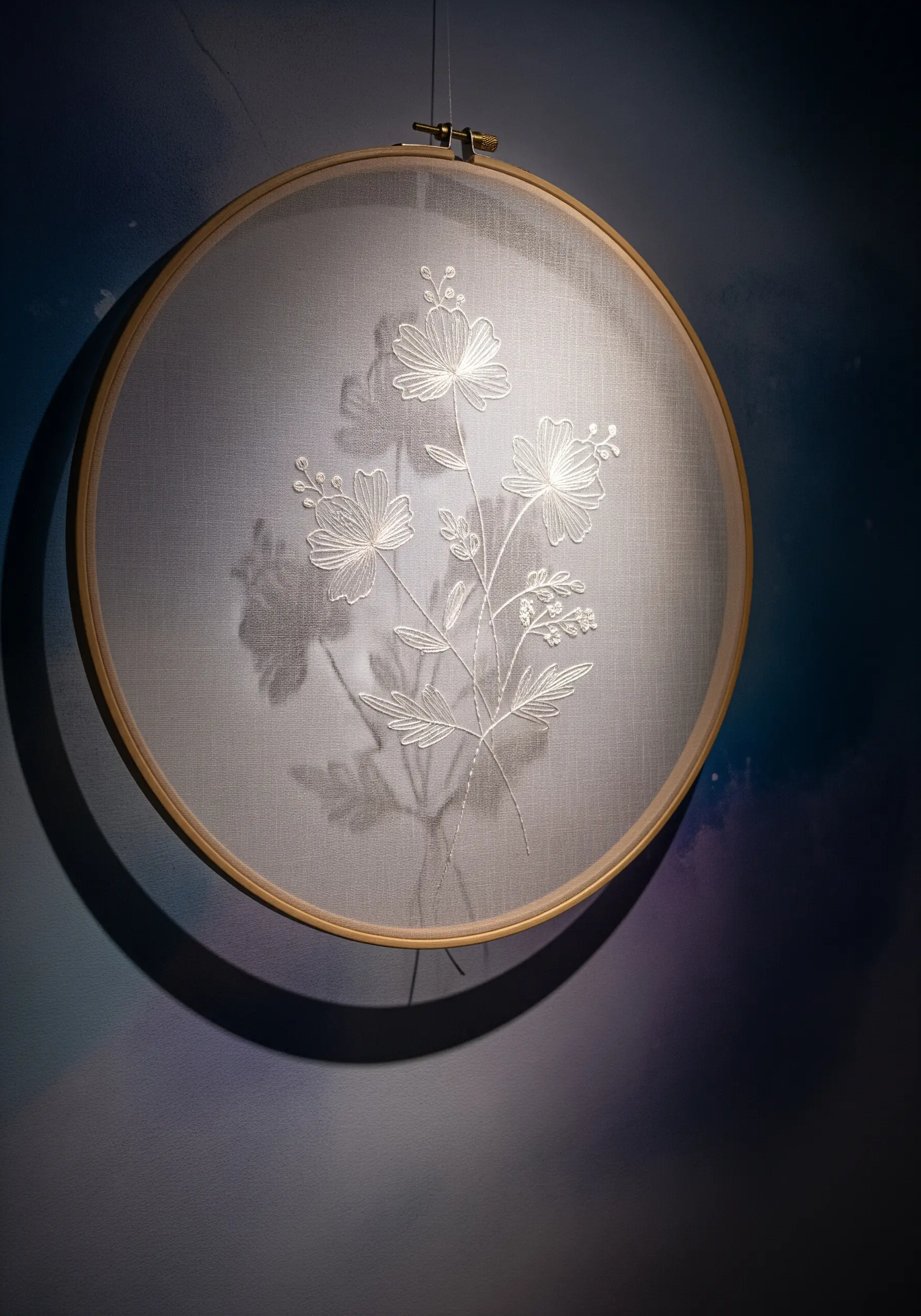 White thread floral embroidery on sheer fabric in a hoop, casting a distinct shadow on the wall.