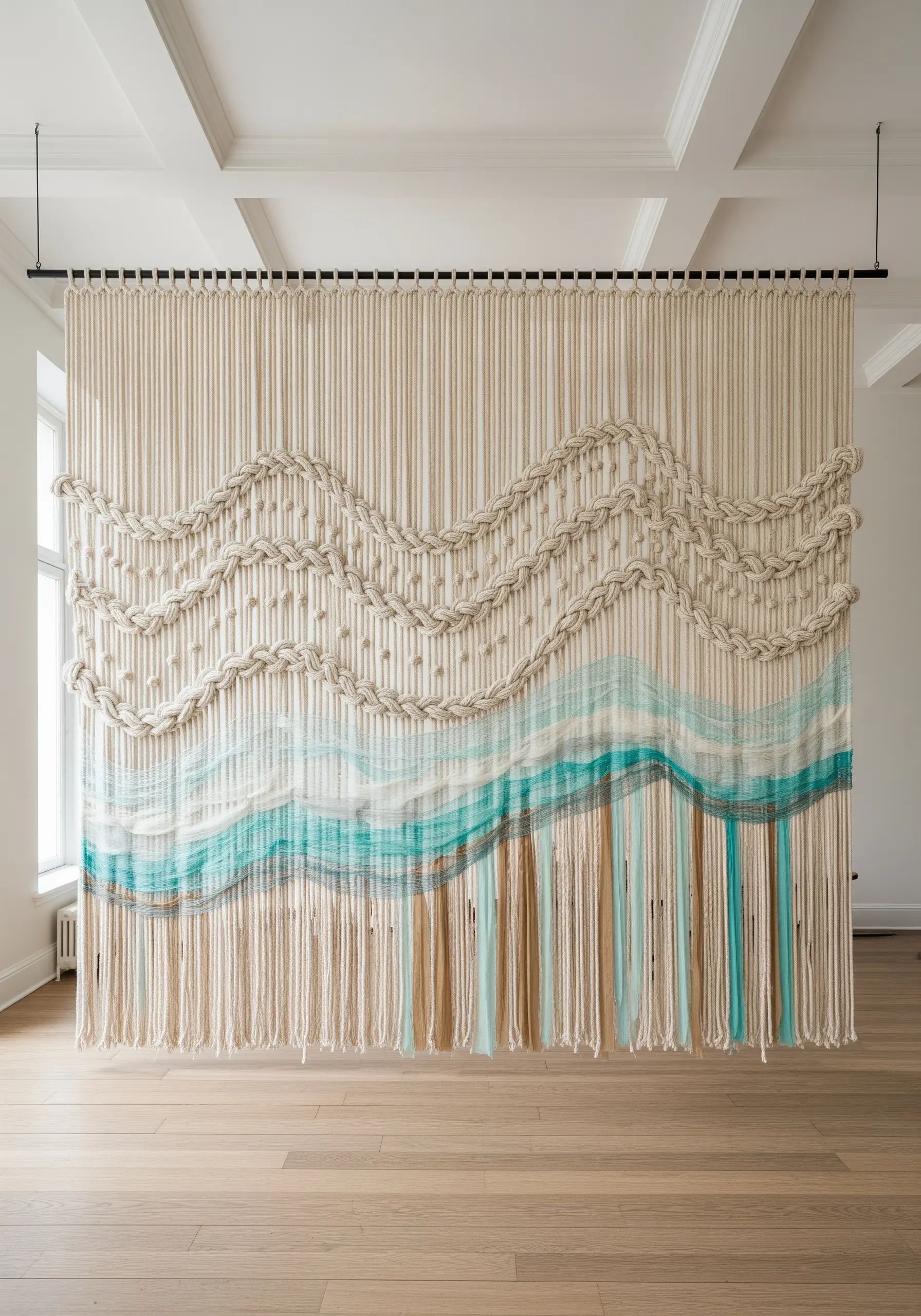A room-sized macrame installation with wave patterns and a turquoise dip-dyed fringe.