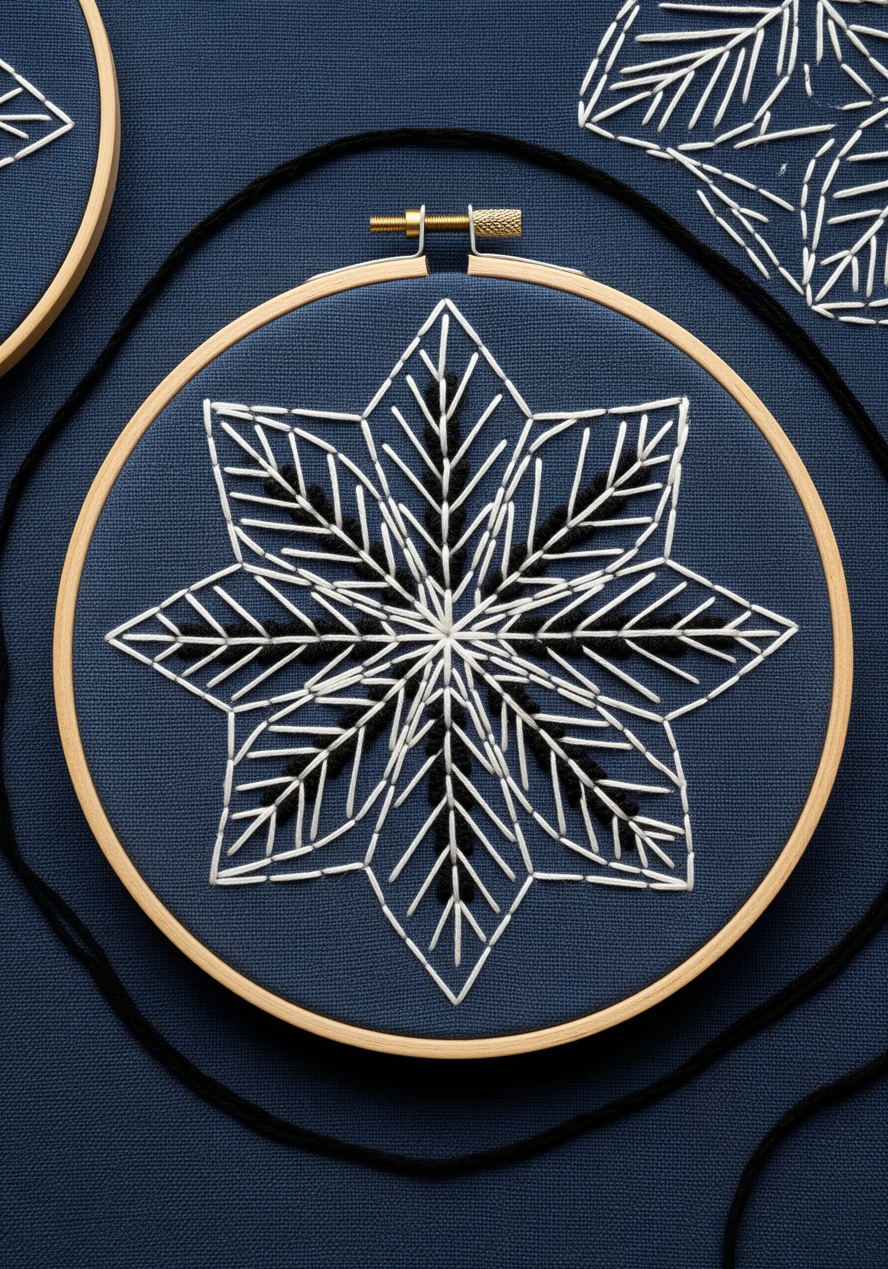 A white-thread geometric star pattern on dark blue fabric, using negative space in the design.