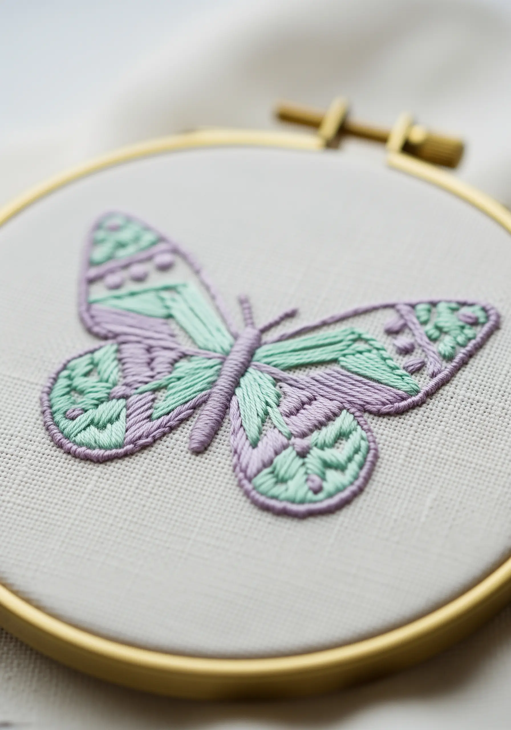 A patterned butterfly embroidered with sections of satin stitch in purple and mint green.