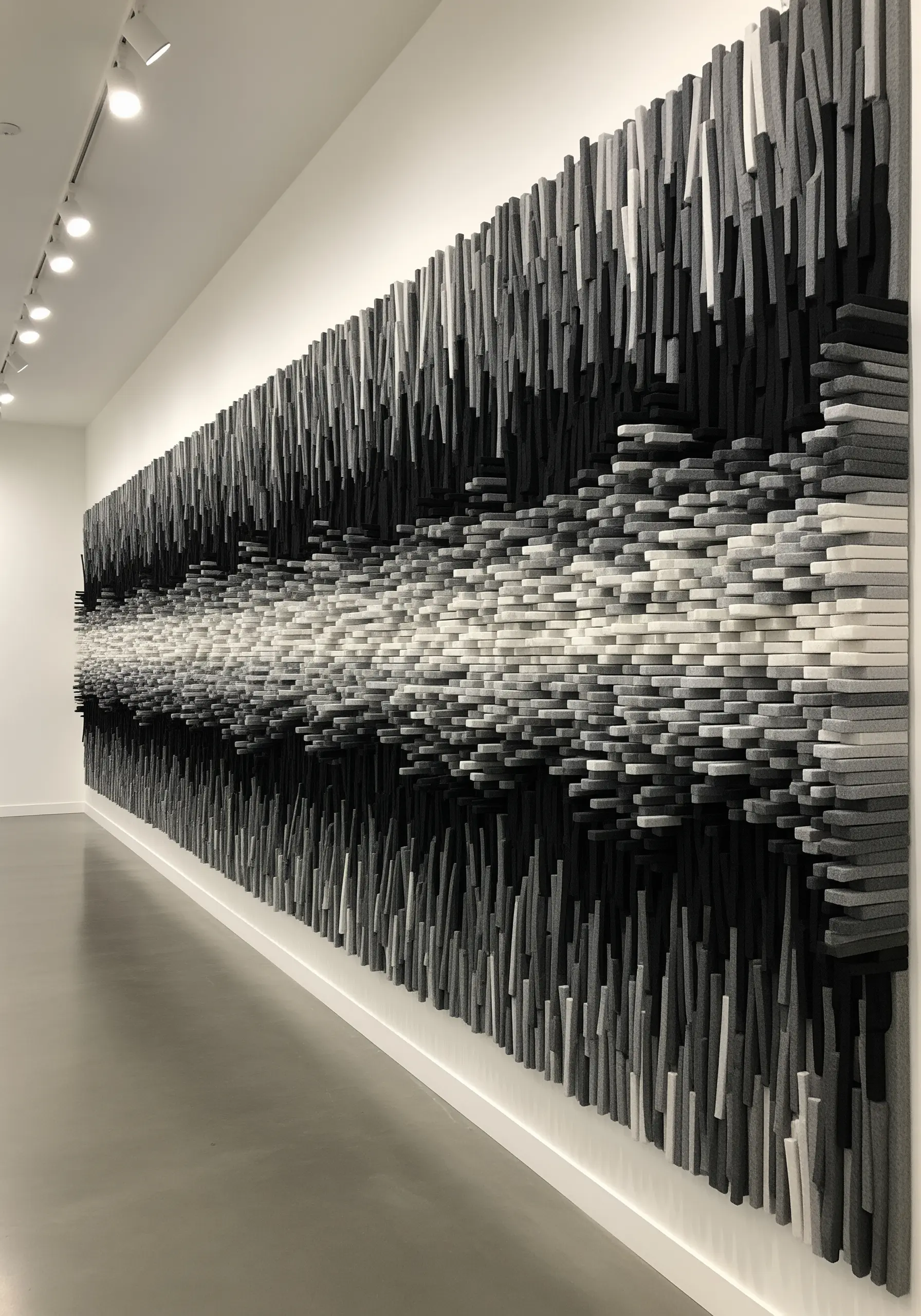 A massive architectural wall installation made of thousands of grey, white, and black felt blocks.
