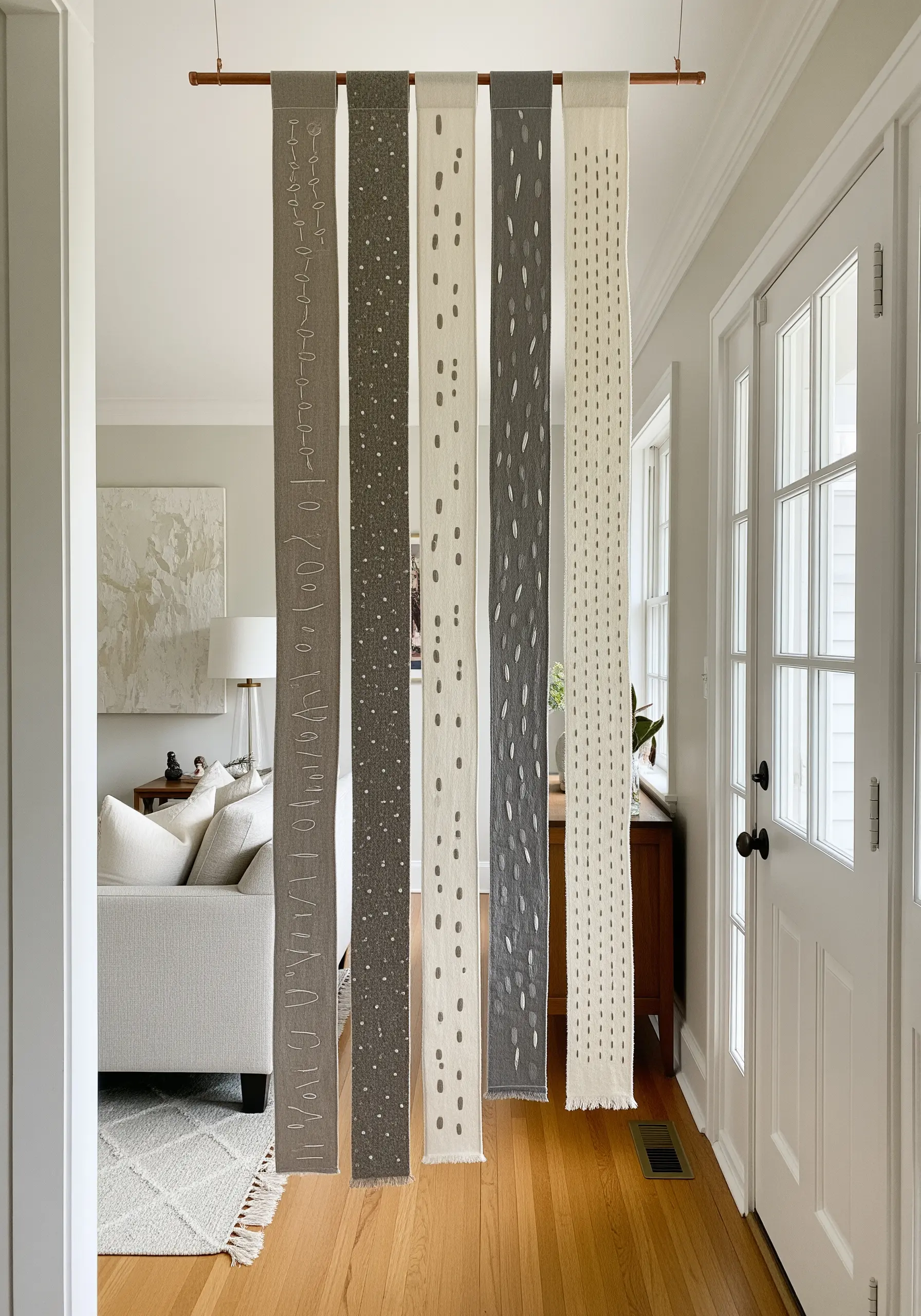 A room divider made of five long, hanging fabric panels with minimalist embroidered patterns.