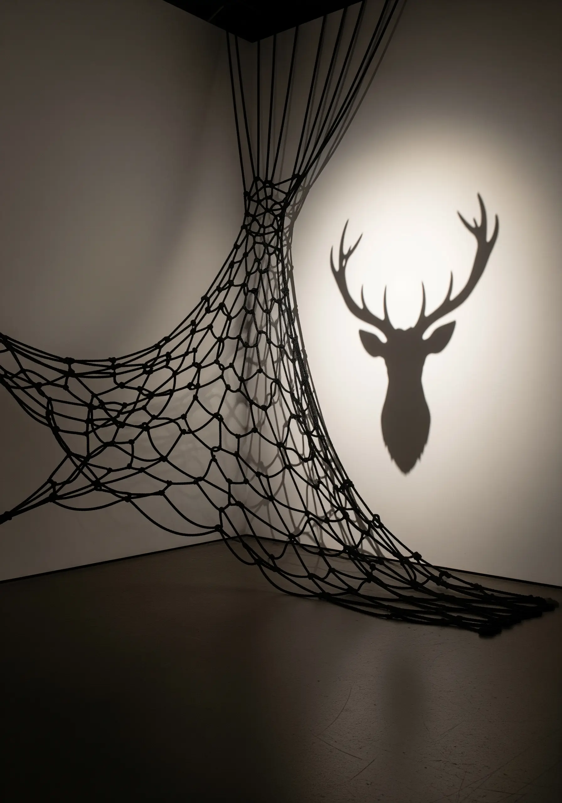 An abstract net of black cord casts a sharp, clear shadow of a stag's head on the wall.