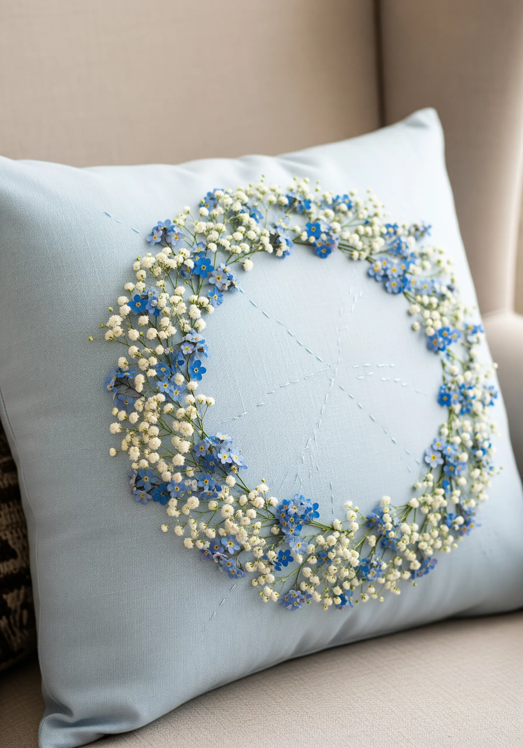 A blue pillow with a fresh wreath of baby's breath and forget-me-nots.
