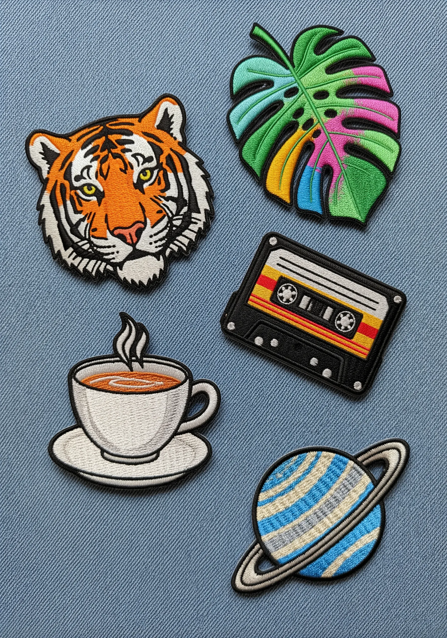 A collection of five custom embroidered patches, including a tiger, monstera leaf, and coffee cup.