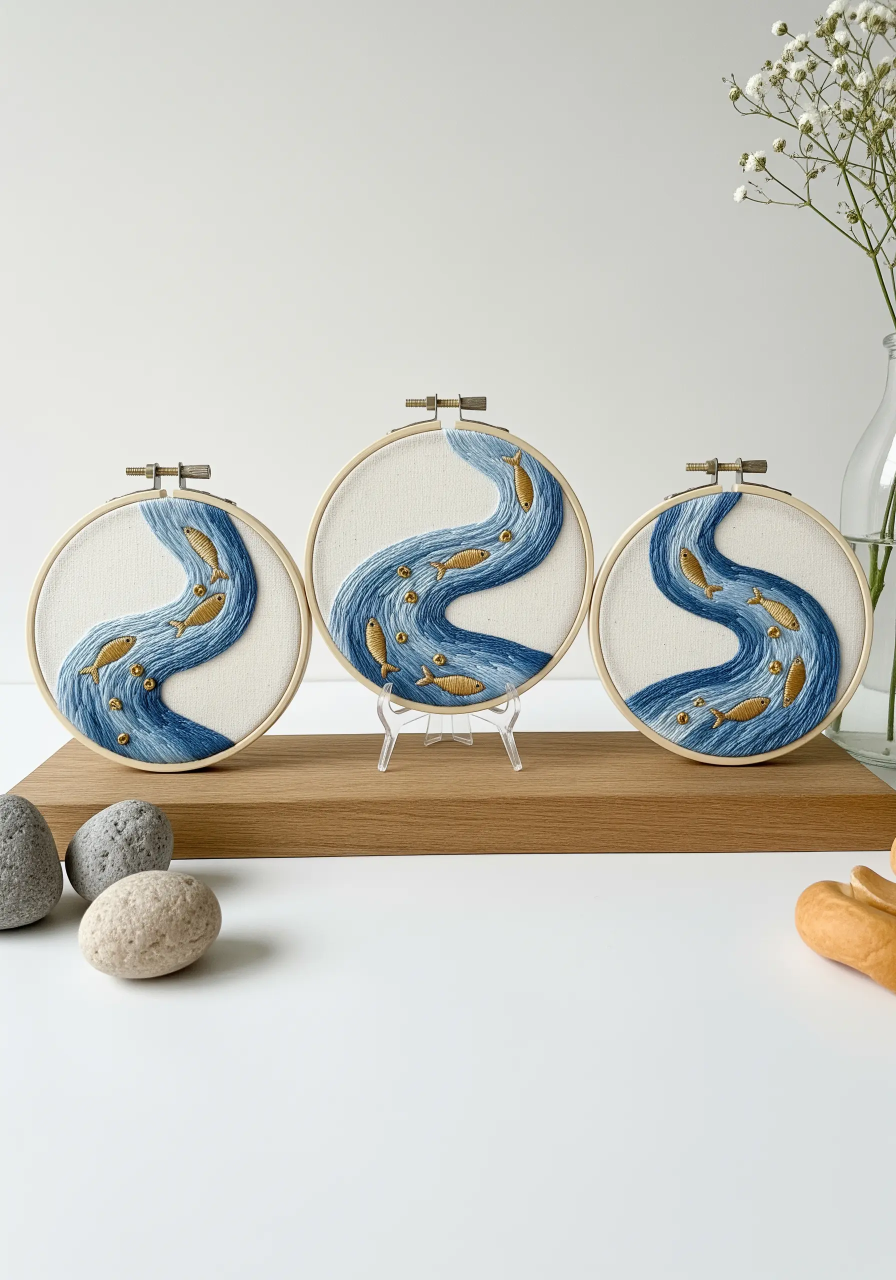 A three-hoop embroidery triptych showing a flowing river with gold fish.