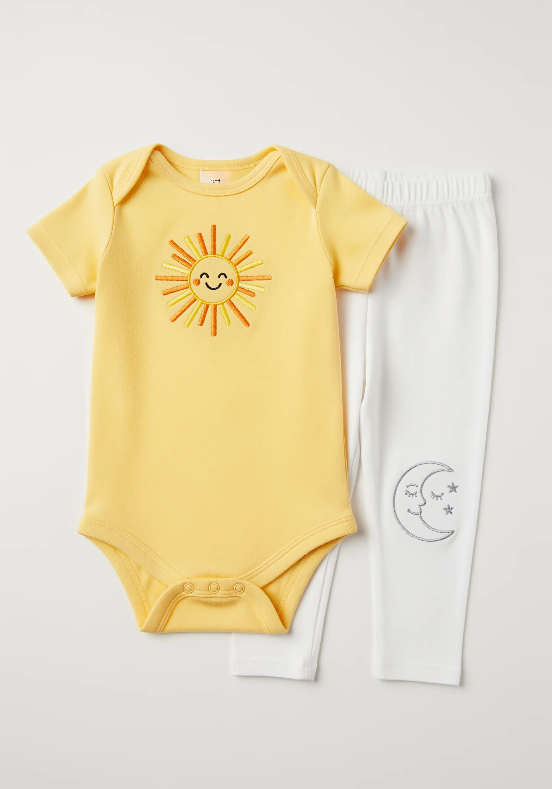 Coordinated baby set with an embroidered sun on a yellow top and a moon on white leggings.