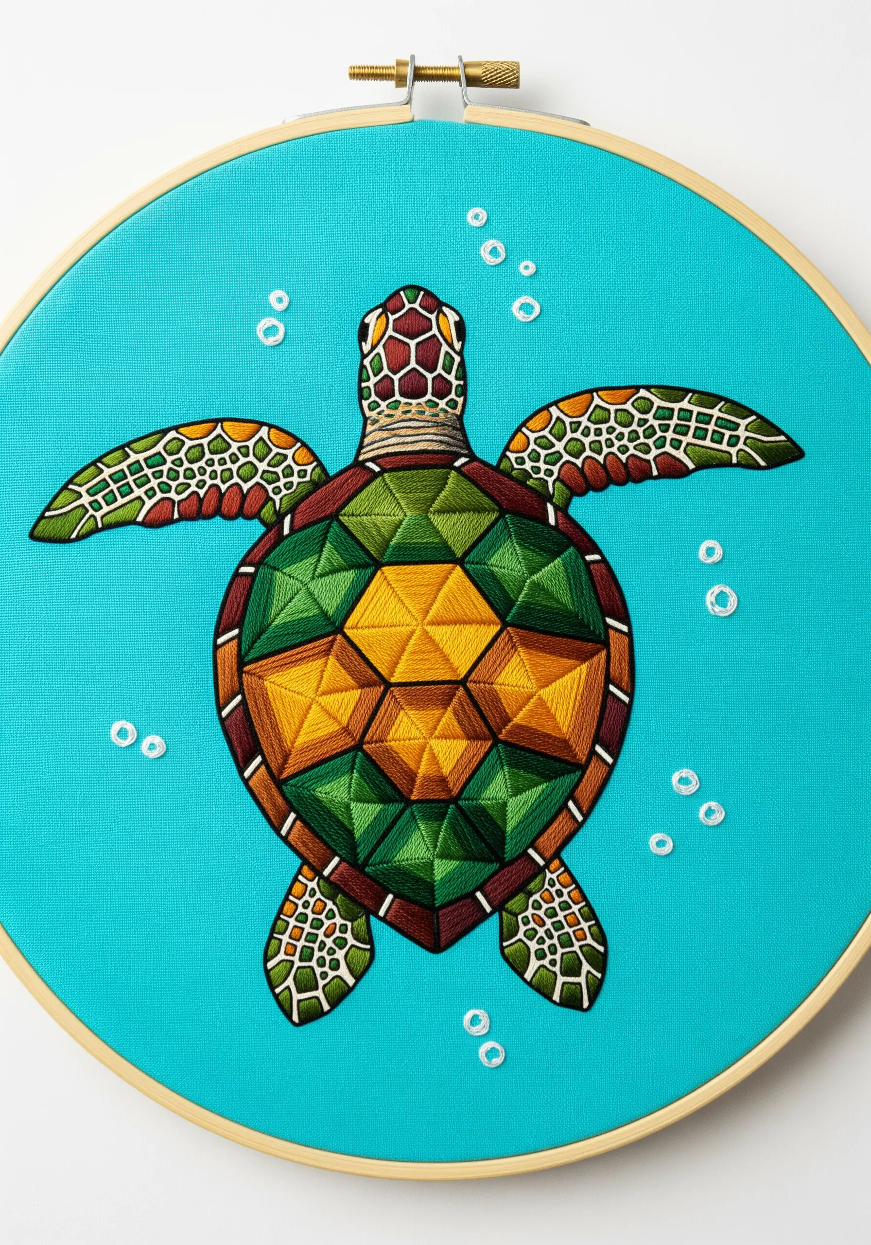 Geometric sea turtle embroidery with satin stitch blocks and clean outlines.