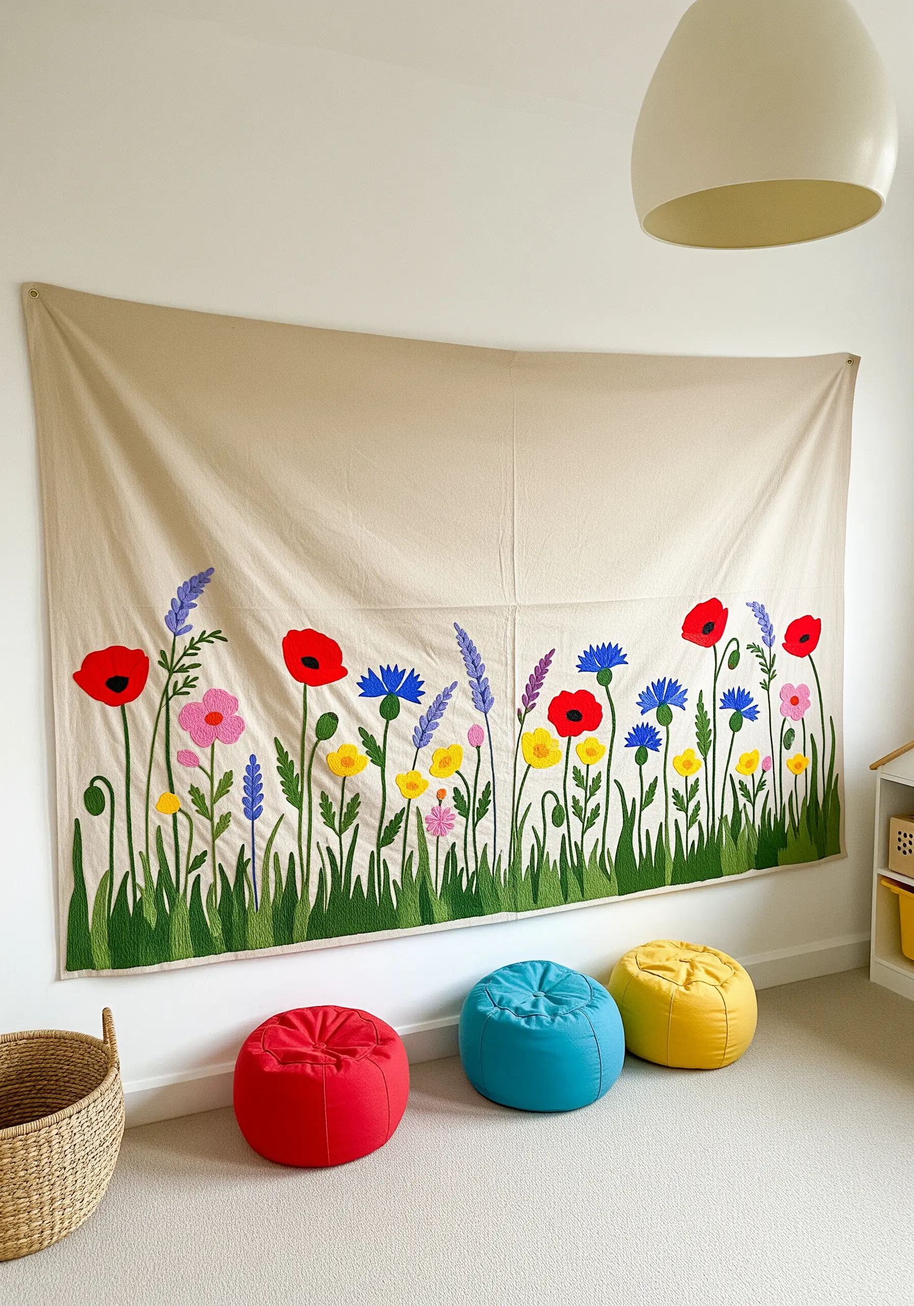A large wall tapestry featuring a field of colorful appliqué and embroidered wildflowers.