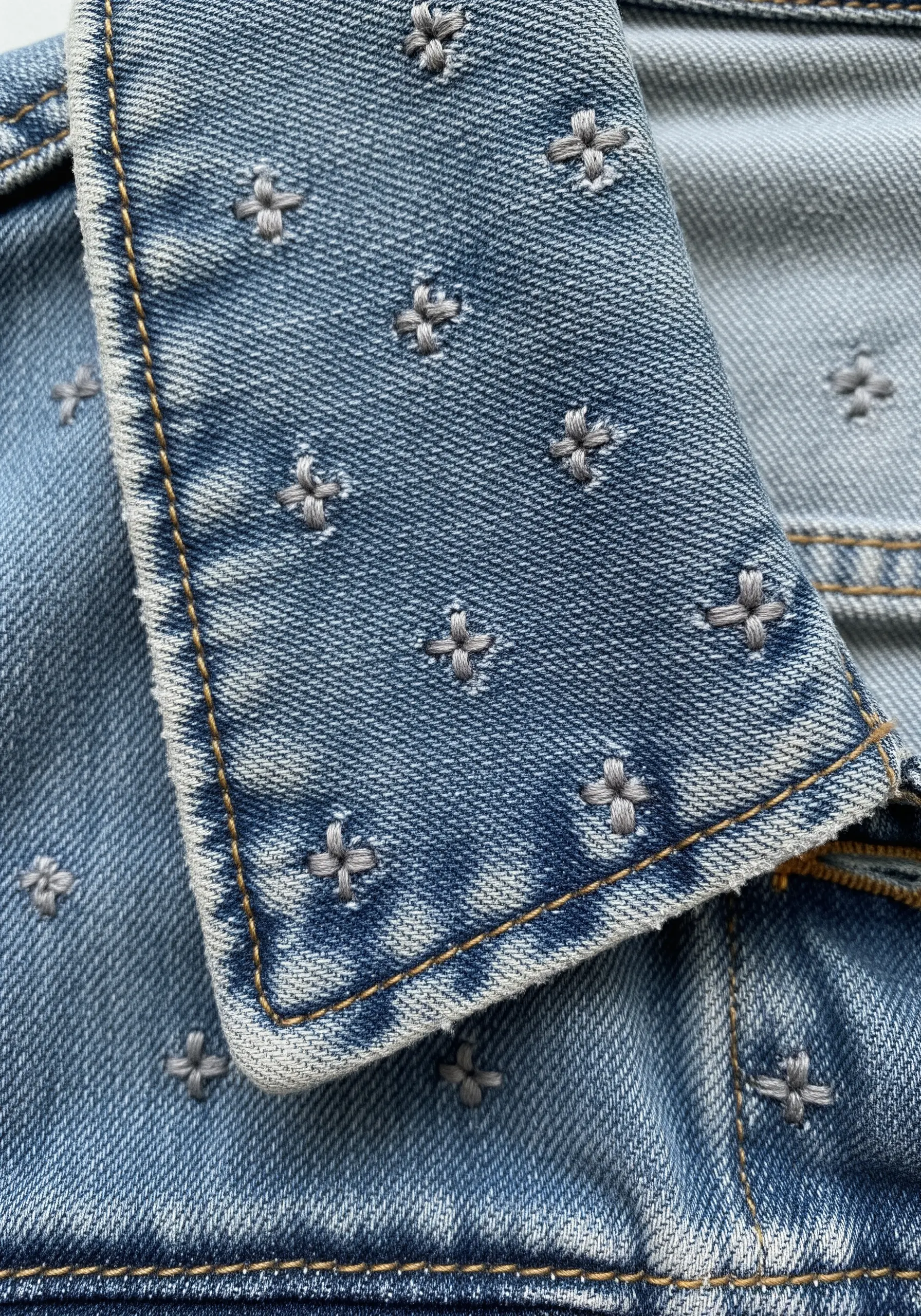 A scattered pattern of small, grey star stitches covering the collar of a denim jacket.