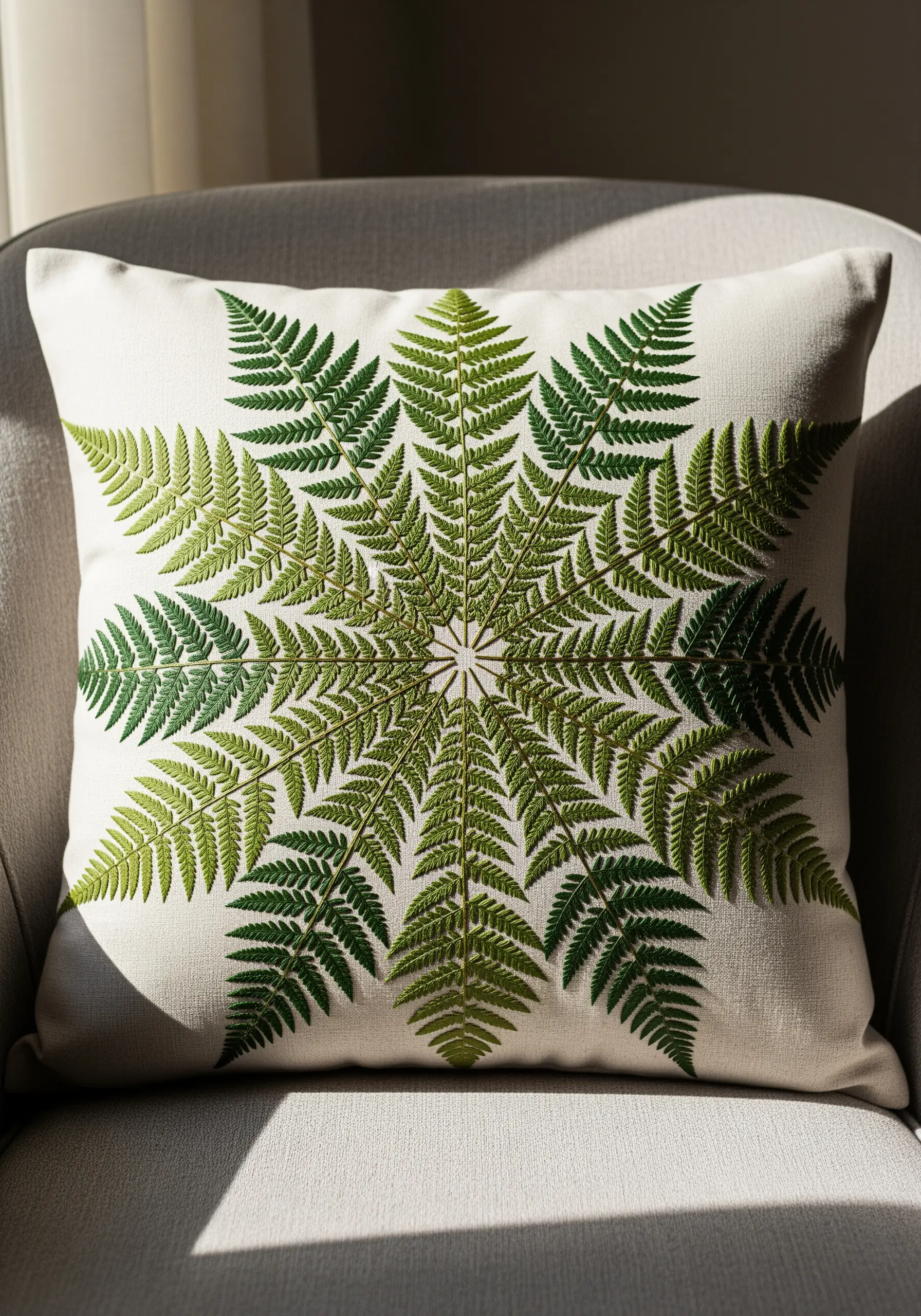 Symmetrical fern leaf mandala embroidered in shades of green on a cushion.