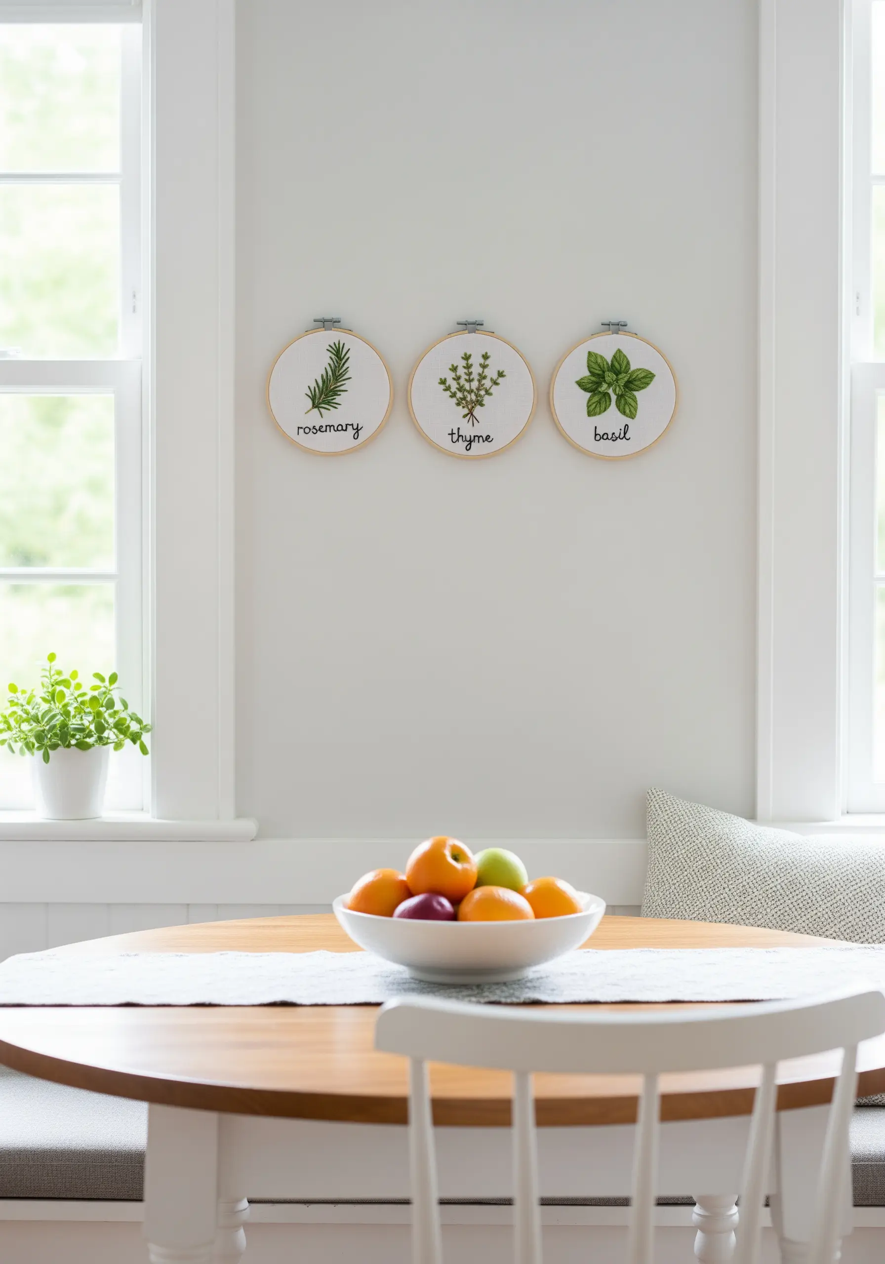 A set of three small embroidery hoops featuring rosemary, thyme, and basil.