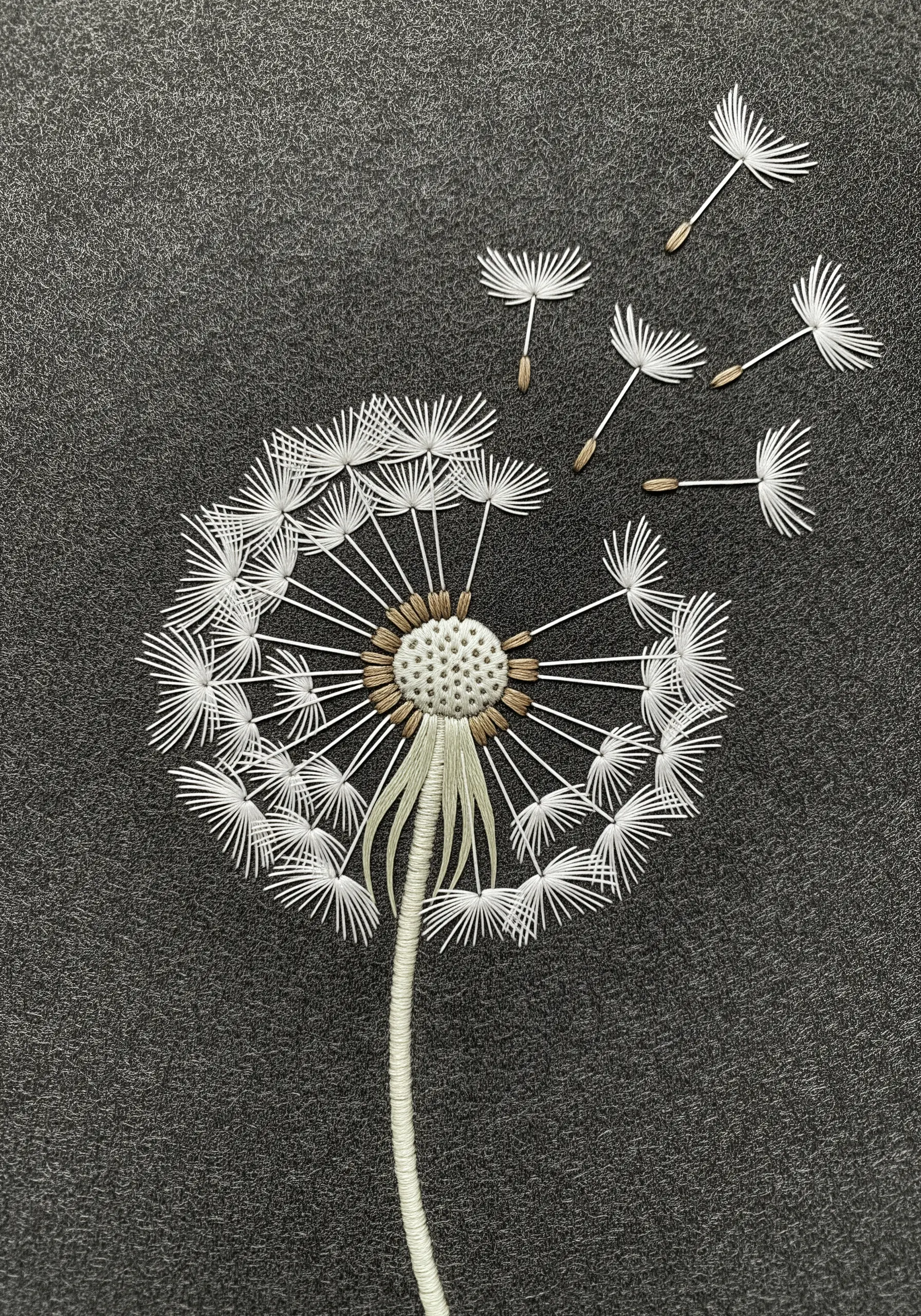 A dandelion with detached, three-dimensional seeds appearing to float away on the wind.