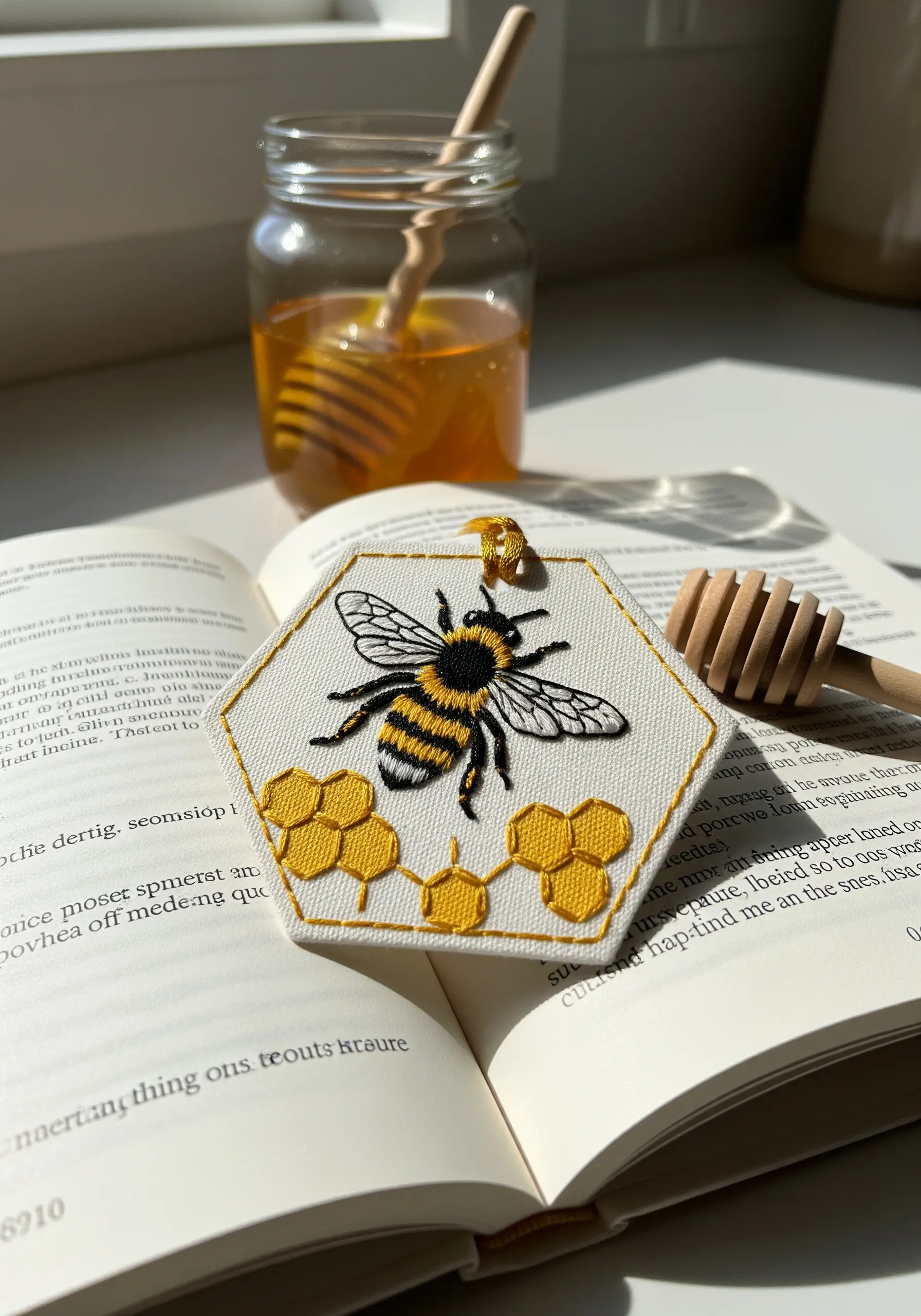 Detailed embroidery of a bee on a honeycomb, resting on a hexagonal fabric bookmark.
