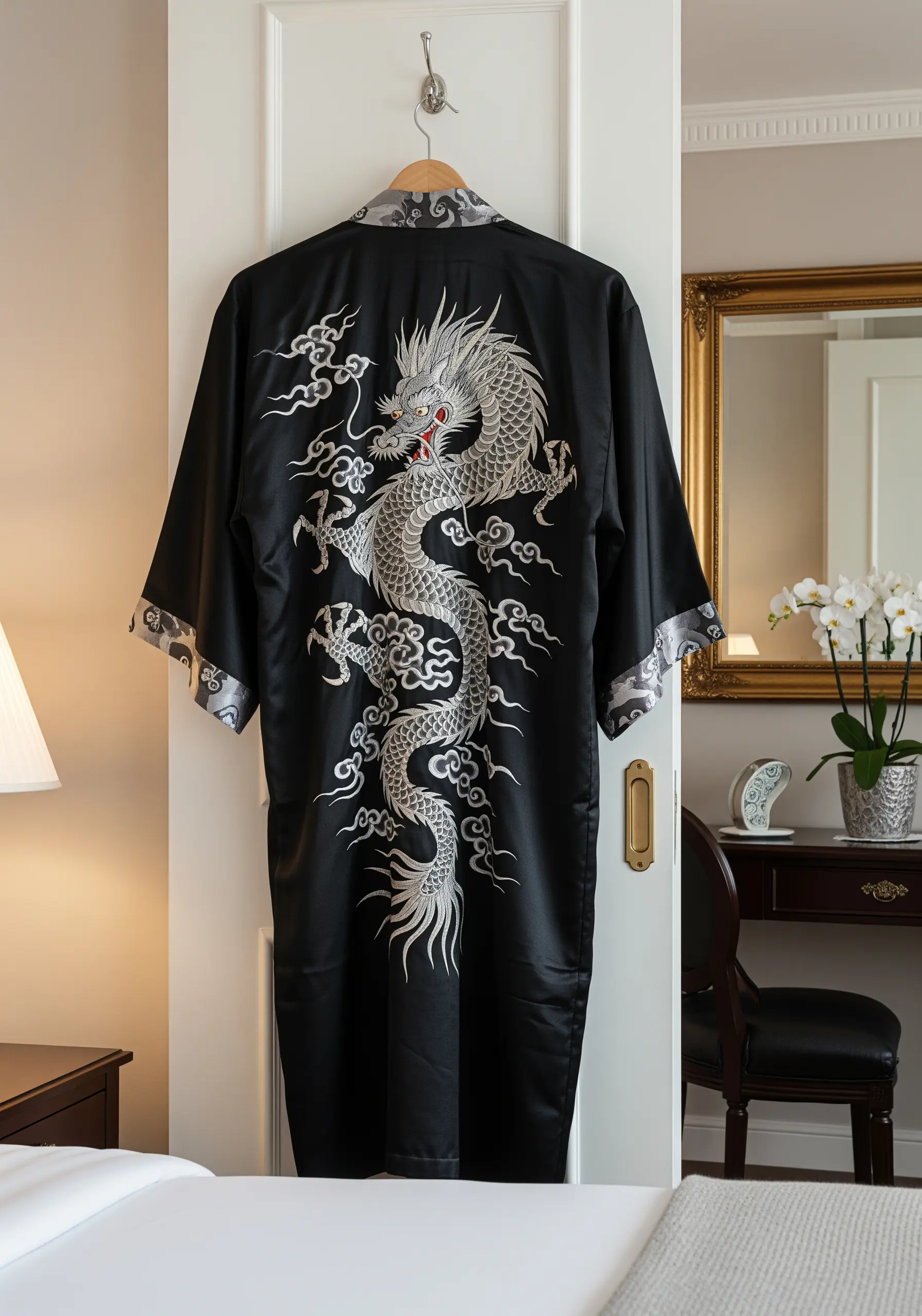 An intricately embroidered silver and gray dragon on the back of a black silk robe.