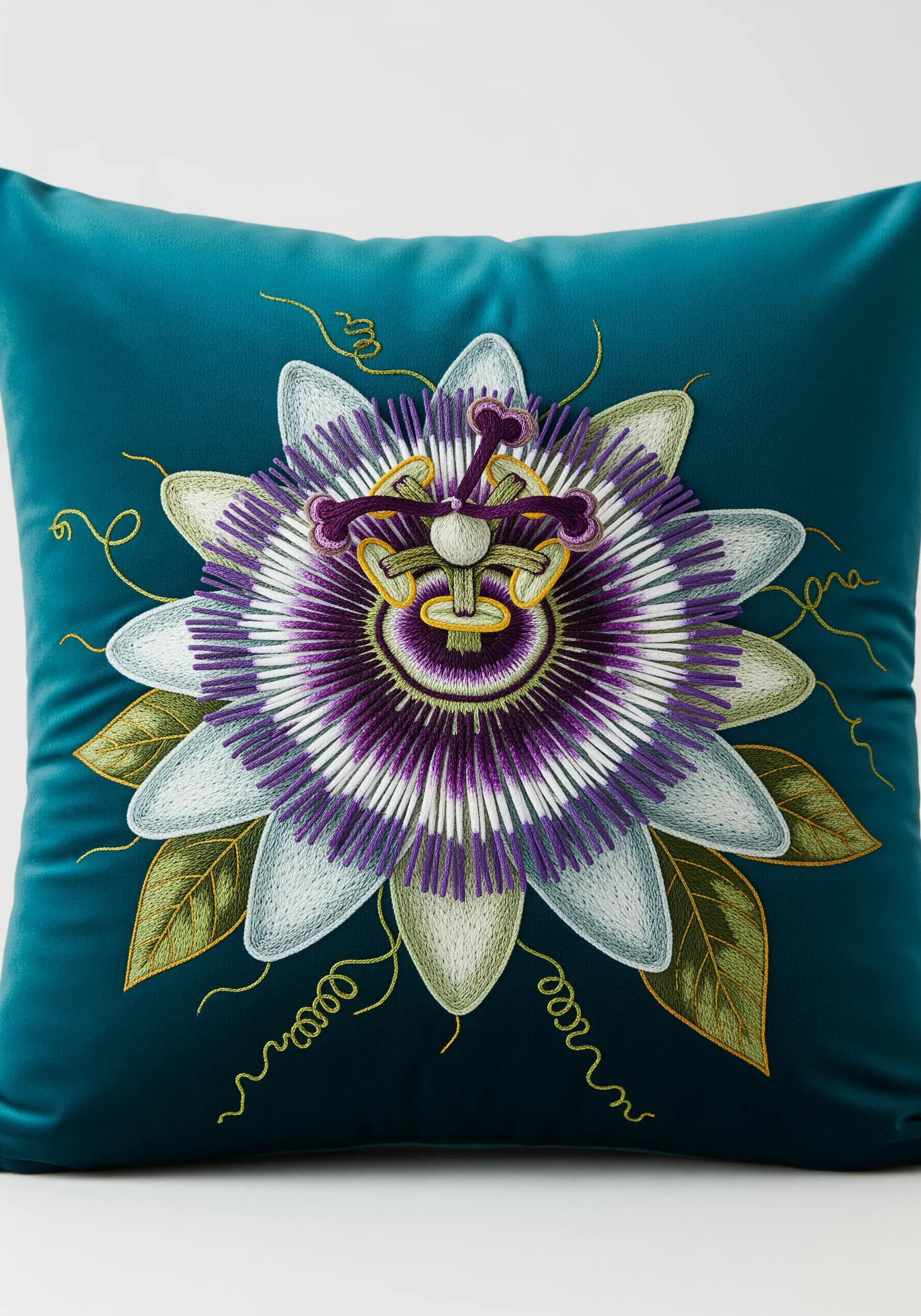 Intricately embroidered passion flower with layered stitches and French knots on a teal cushion.