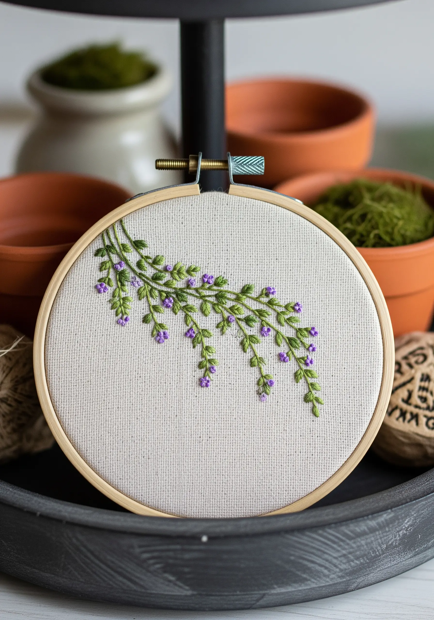 A delicate branch of thyme with tiny green leaves and purple flower clusters embroidered in a hoop.
