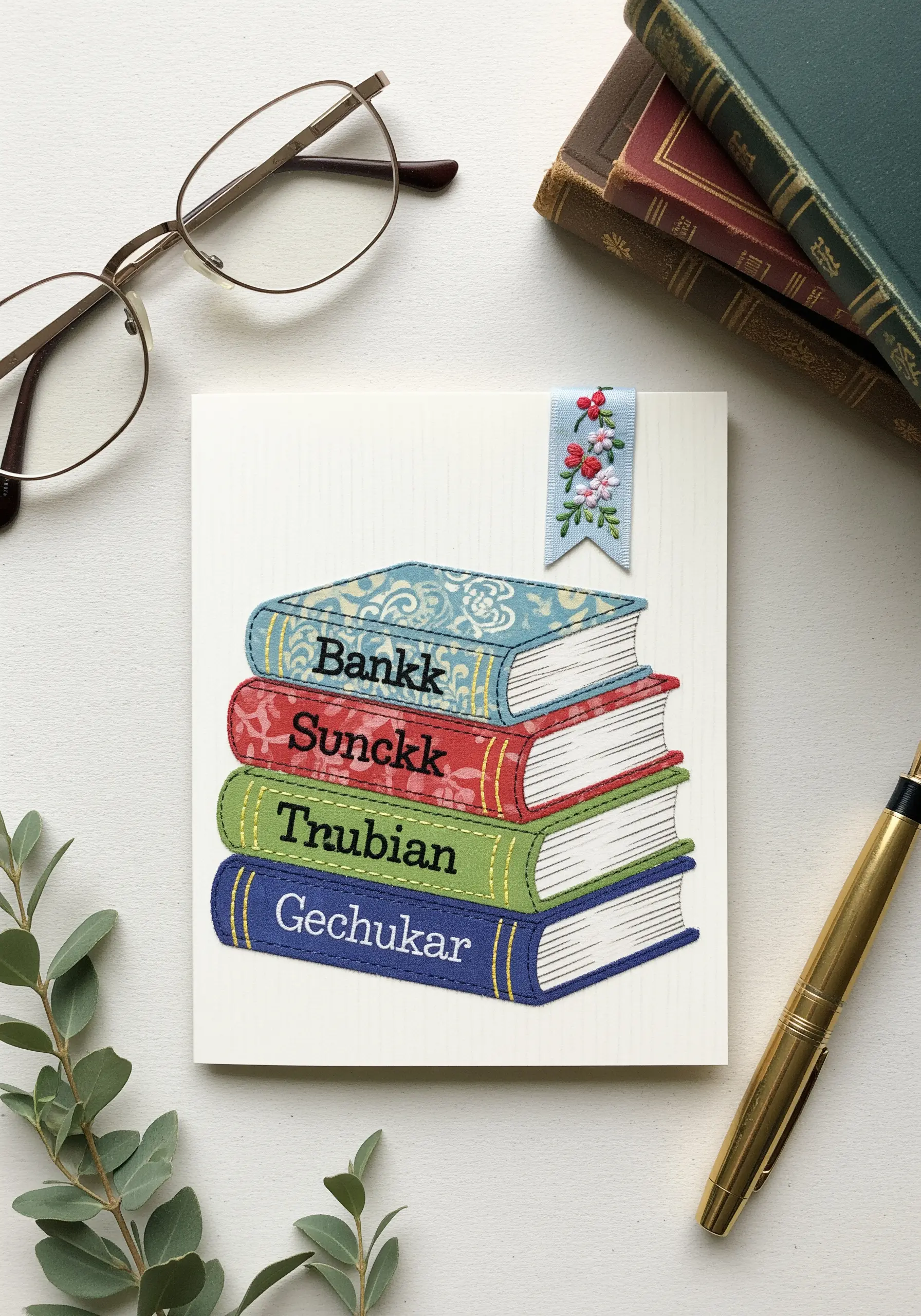 A stack of appliqué fabric books with embroidered titles and a small floral bookmark.