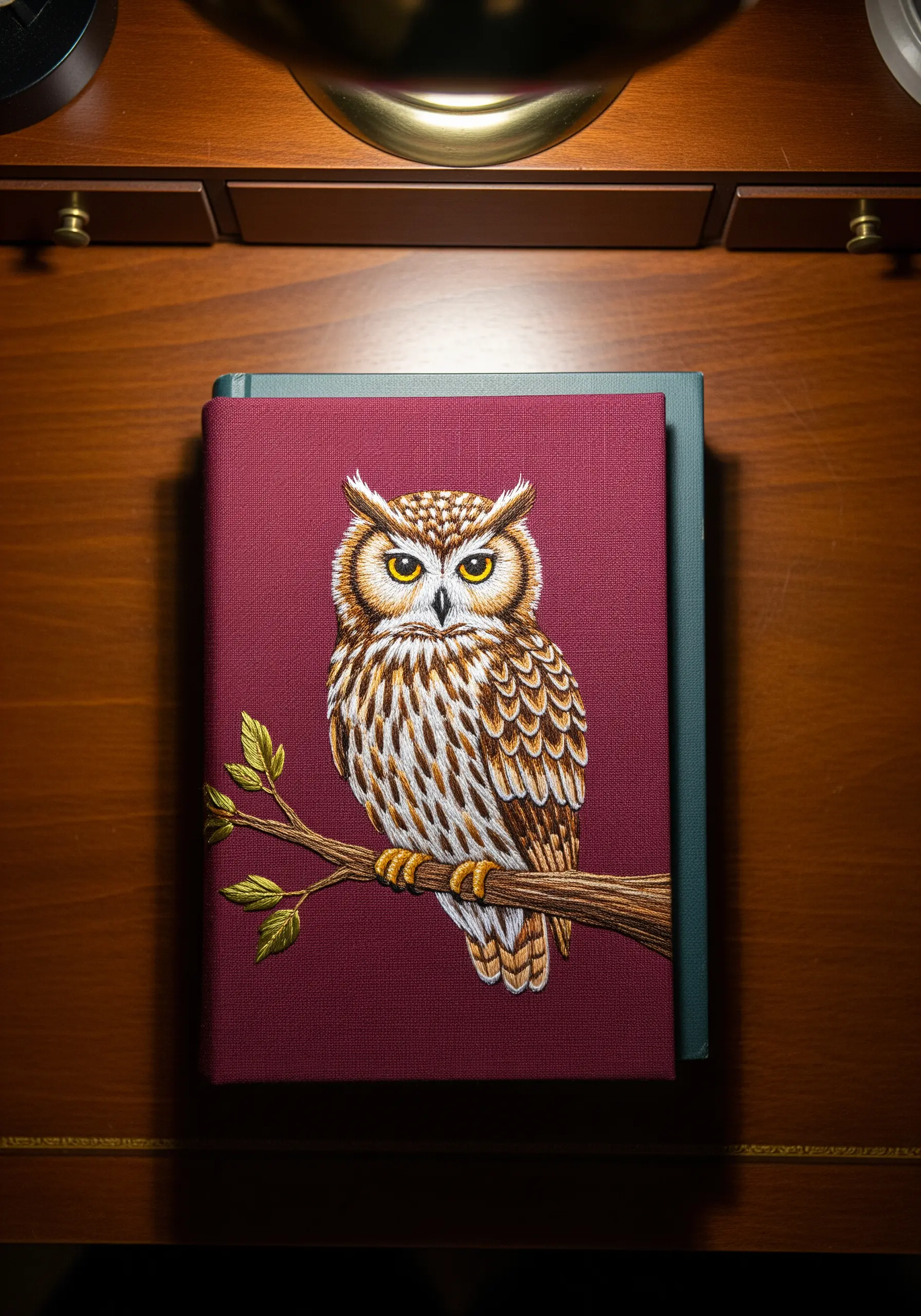 A book with a burgundy cover featuring a highly detailed, thread-painted great horned owl.