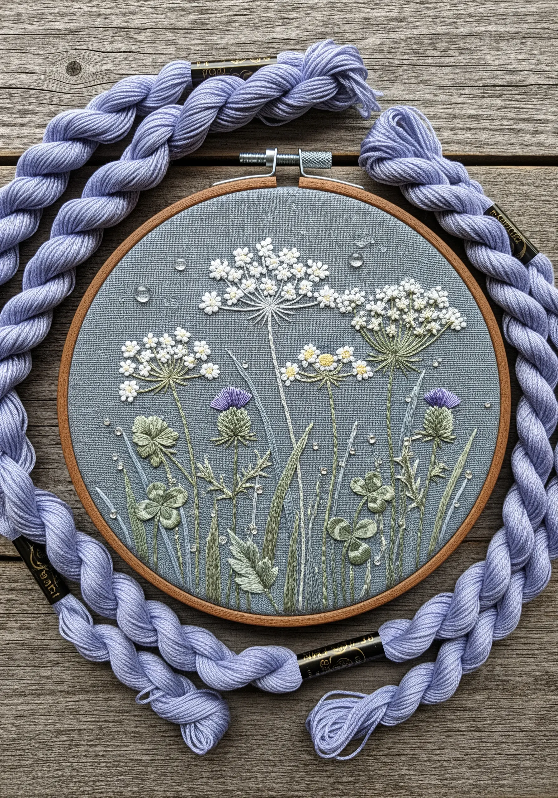 Embroidery of Queen Anne's lace and clover with clear beads on grey fabric.