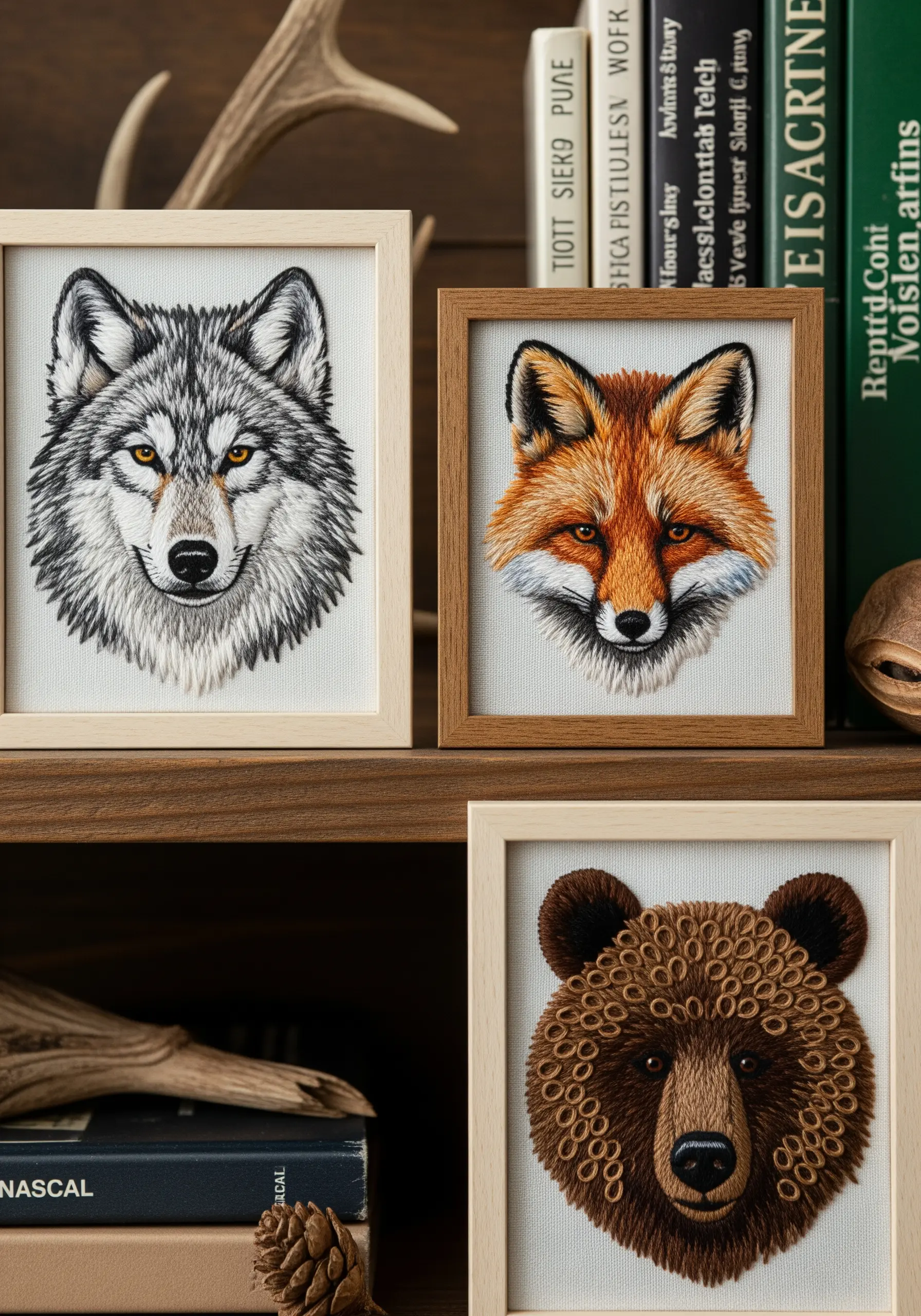 Three framed animal portraits: a thread-painted wolf and fox, and a bear with looped yarn fur.