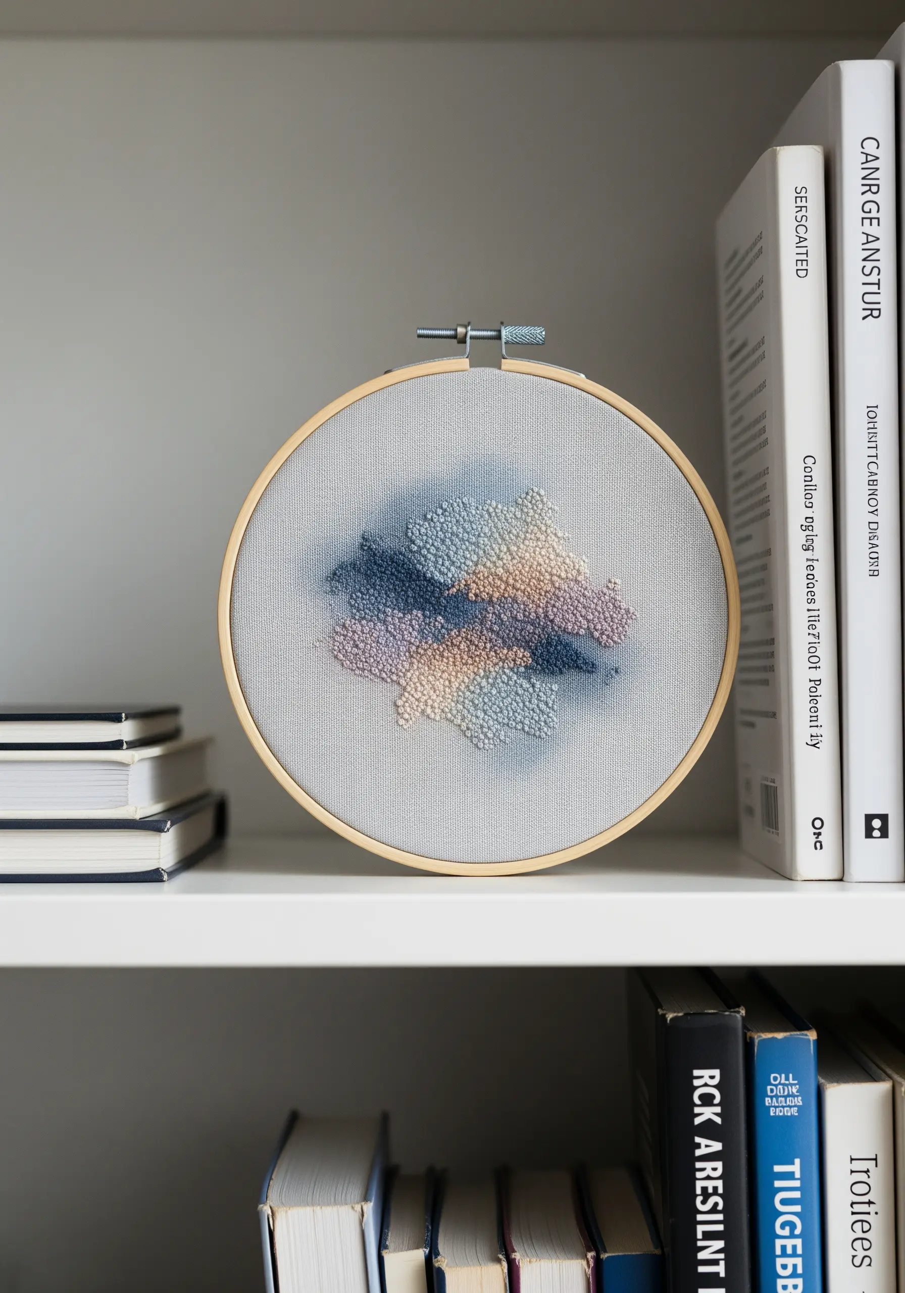 Abstract embroidery with soft, diffuse clusters of French knots in muted colors.